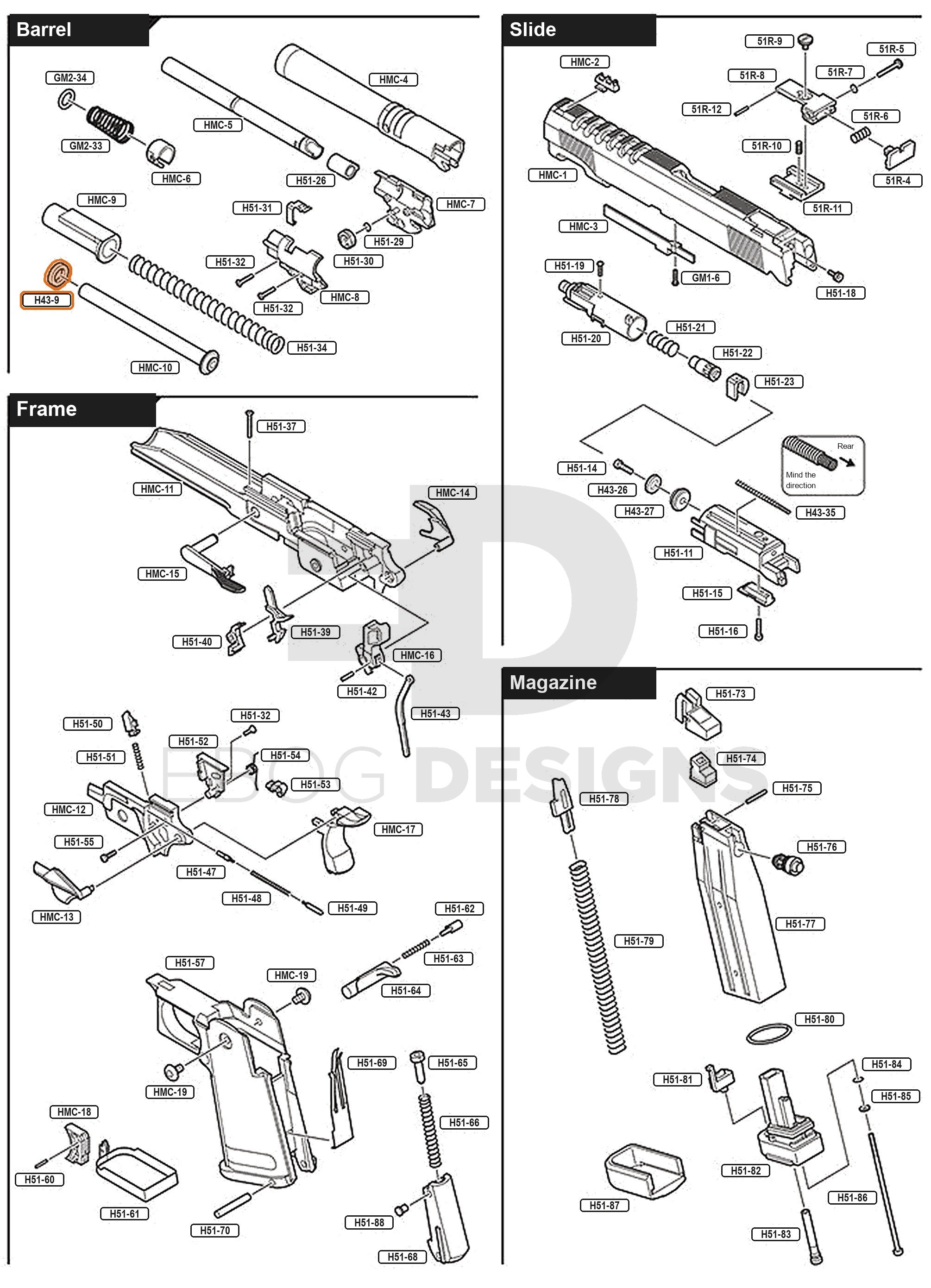 Full Tokyo Marui Hi-Capa Gold Match parts diagram showing where the recoil buffer (part H43-9) fits