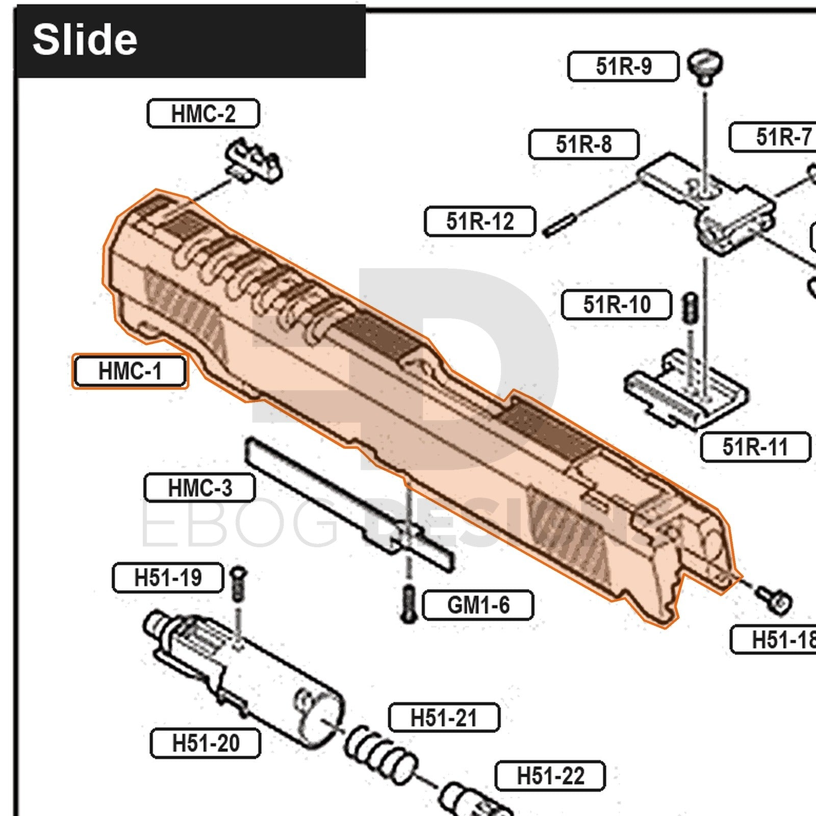 Tokyo Marui Hi-Capa Gold Match parts diagram with the Gold Match slide, part HMC-1, outlined
