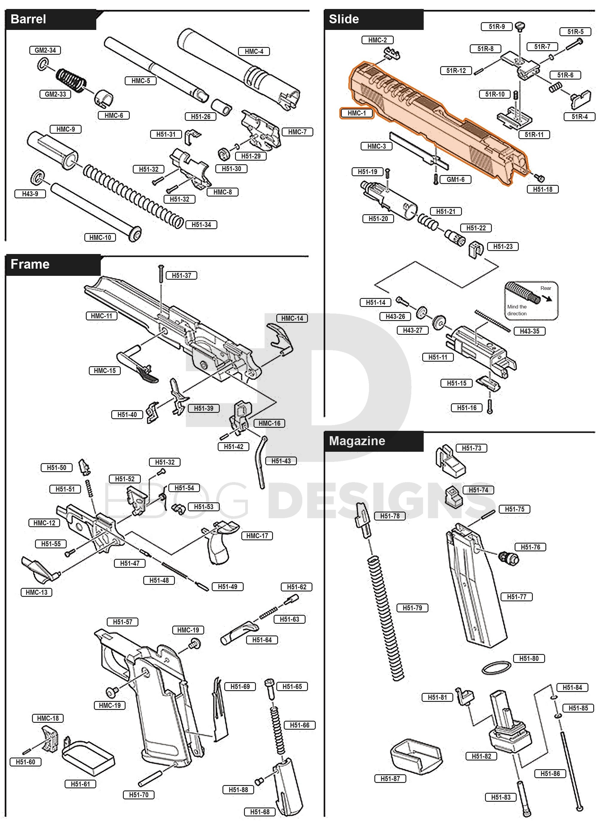 Full Tokyo Marui Hi-Capa Gold Match parts diagram showing where the Gold Match slide (part HMC-1) fits