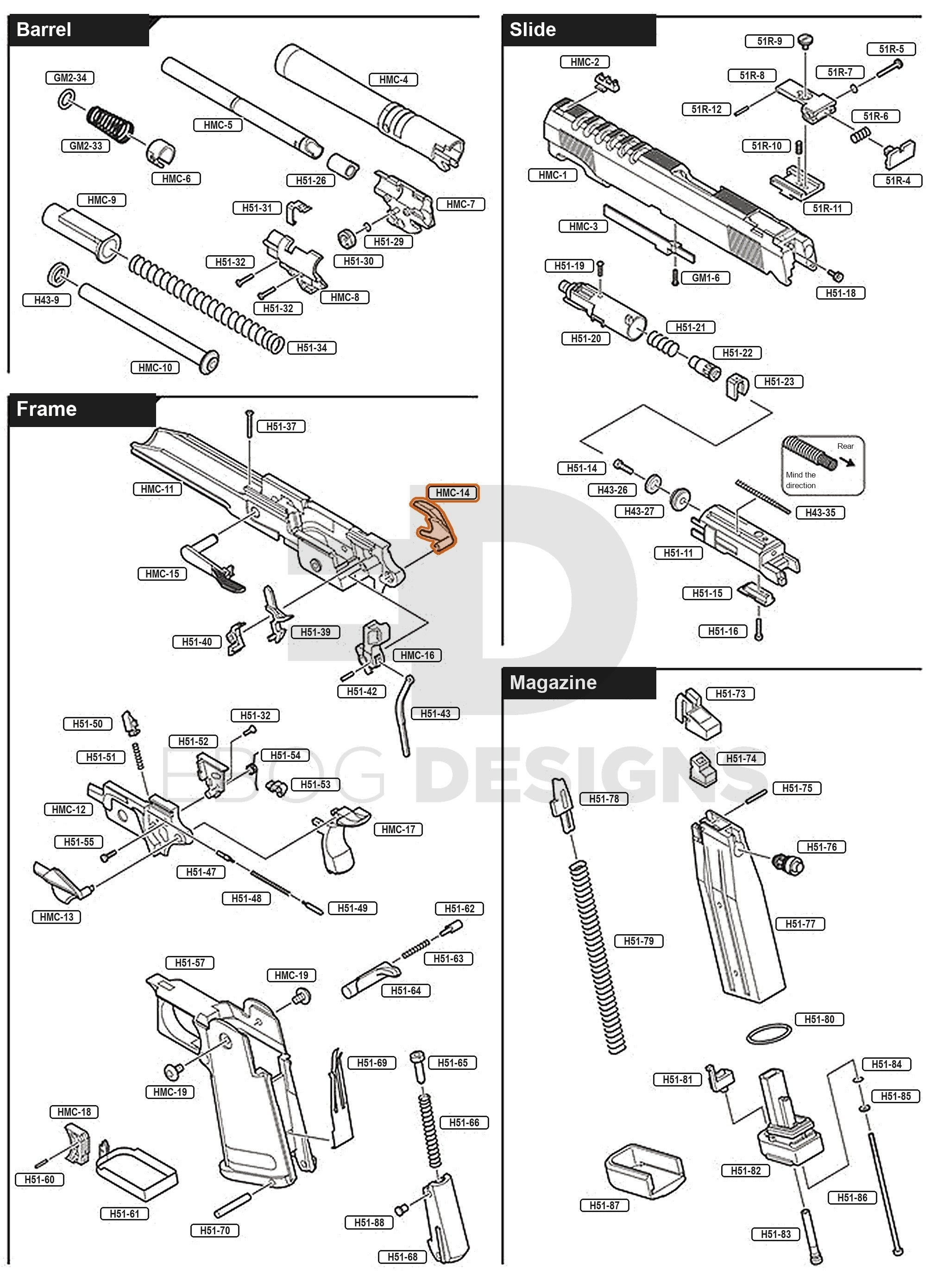 Full Tokyo Marui Hi-Capa Gold Match parts diagram showing where the right thumb safety (part HMC-14) fits