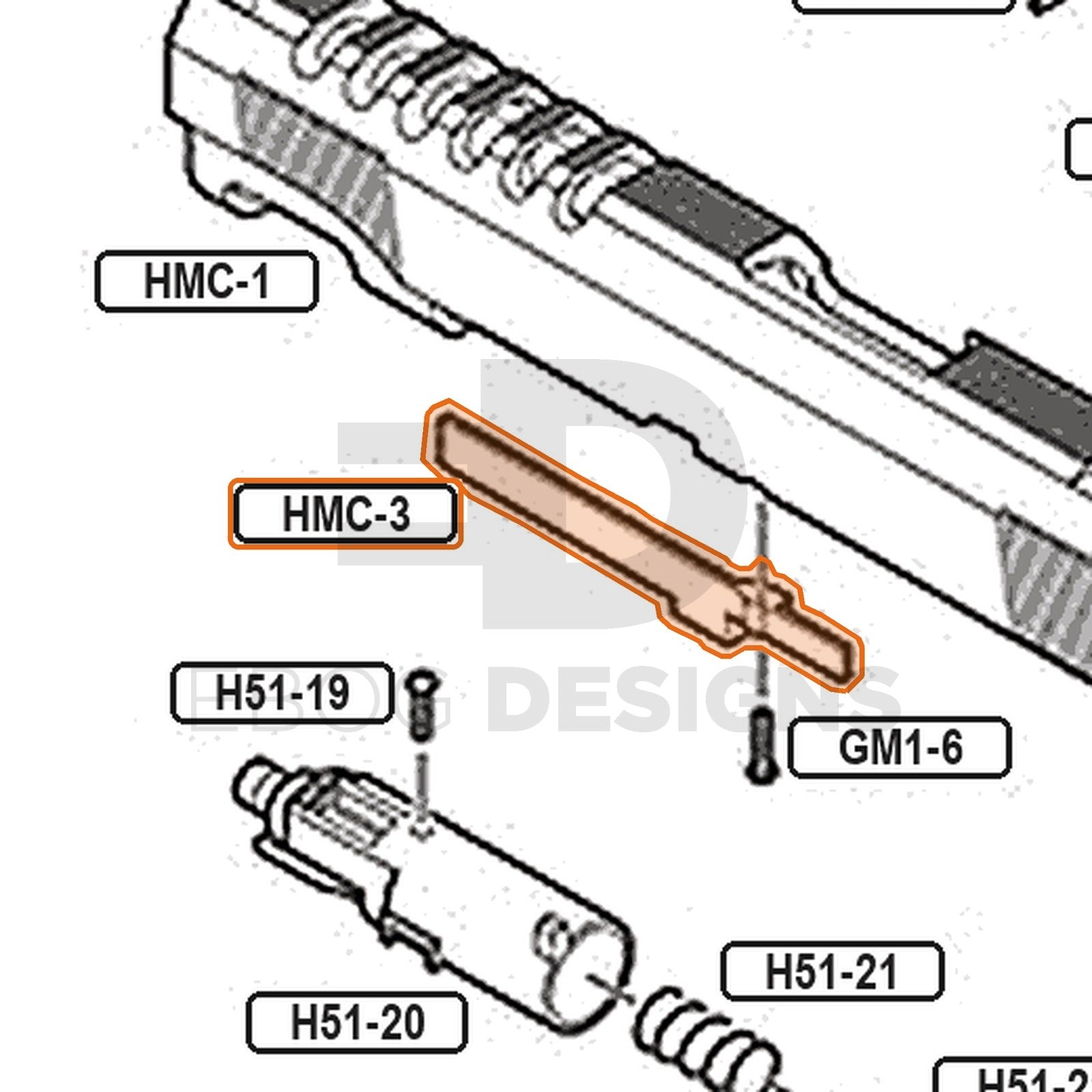 Tokyo Marui Hi-Capa Gold Match parts diagram with the Gold Match slide rail, part HMC-3, outlined
