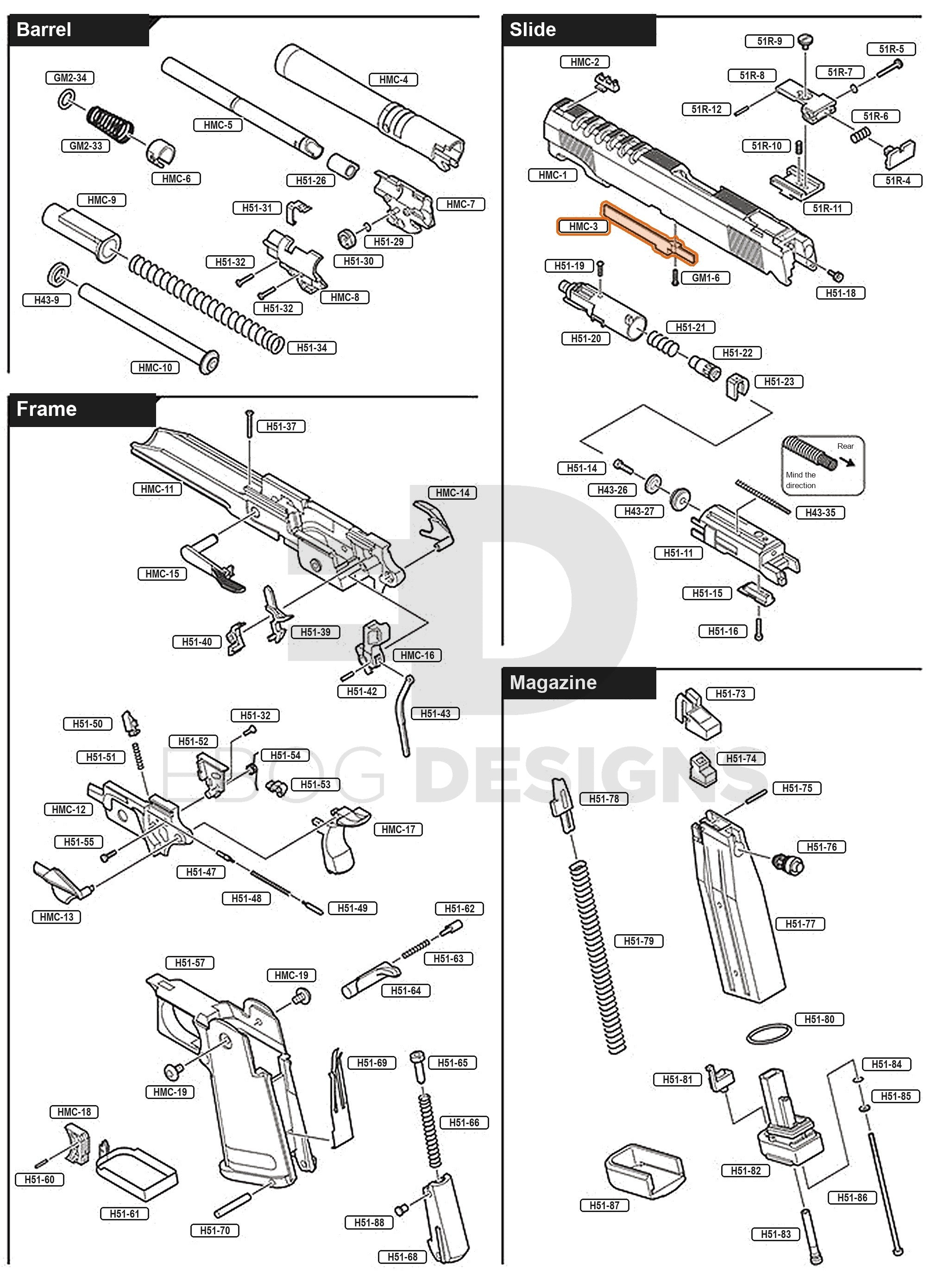 Full Tokyo Marui Hi-Capa Gold Match parts diagram showing where the Gold Match slide rail (part HMC-3) fits