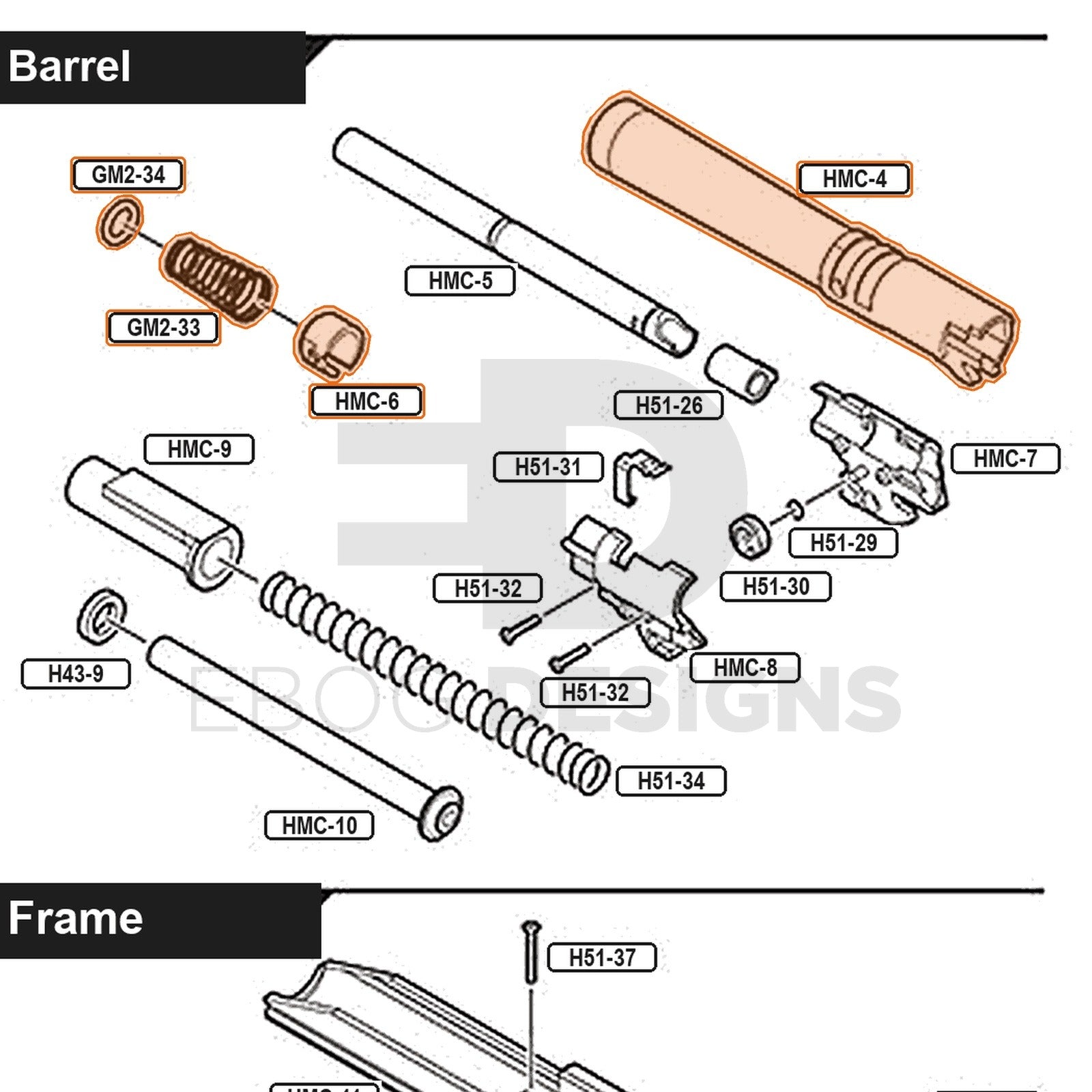 Tokyo Marui Hi-Capa Gold Match parts diagram with the Gold Match outer barrel set, parts HMC-4, HMC-6, GM2-33 and GM2-34, outlined