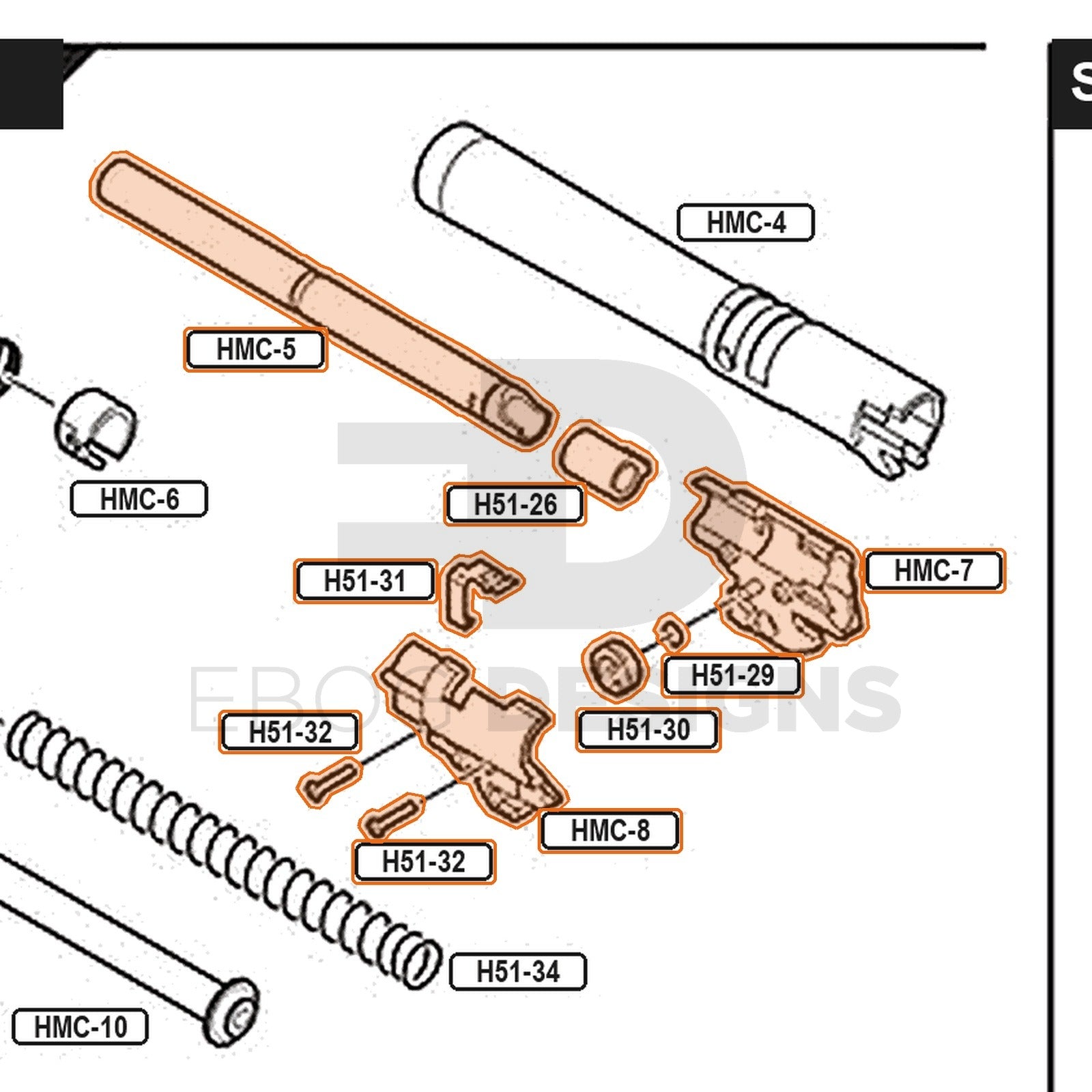 Tokyo Marui Hi-Capa Gold Match parts diagram with the Gold Match inner barrel and hop assembly, parts HMC-5, HMC-7, HMC-8, H51-26, H51-29, H51-30, H51-31 and H51-32, outlined