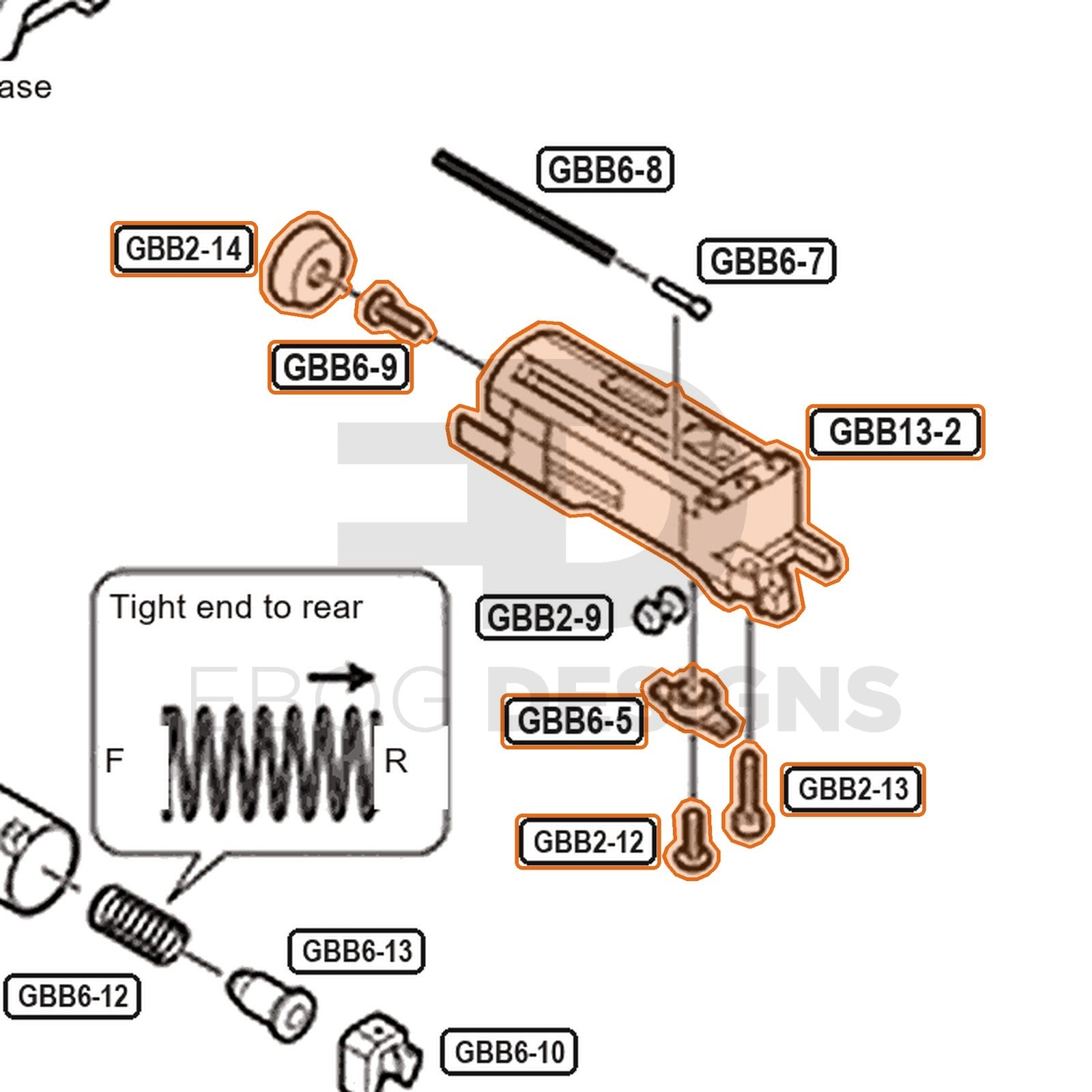 Tokyo Marui Hi-Capa White D.O.R parts diagram with the blowback unit set with piston cup, parts GBB13-2, GBB6-5, GBB6-9, GBB2-12, GBB2-13 and GBB2-14, outlined