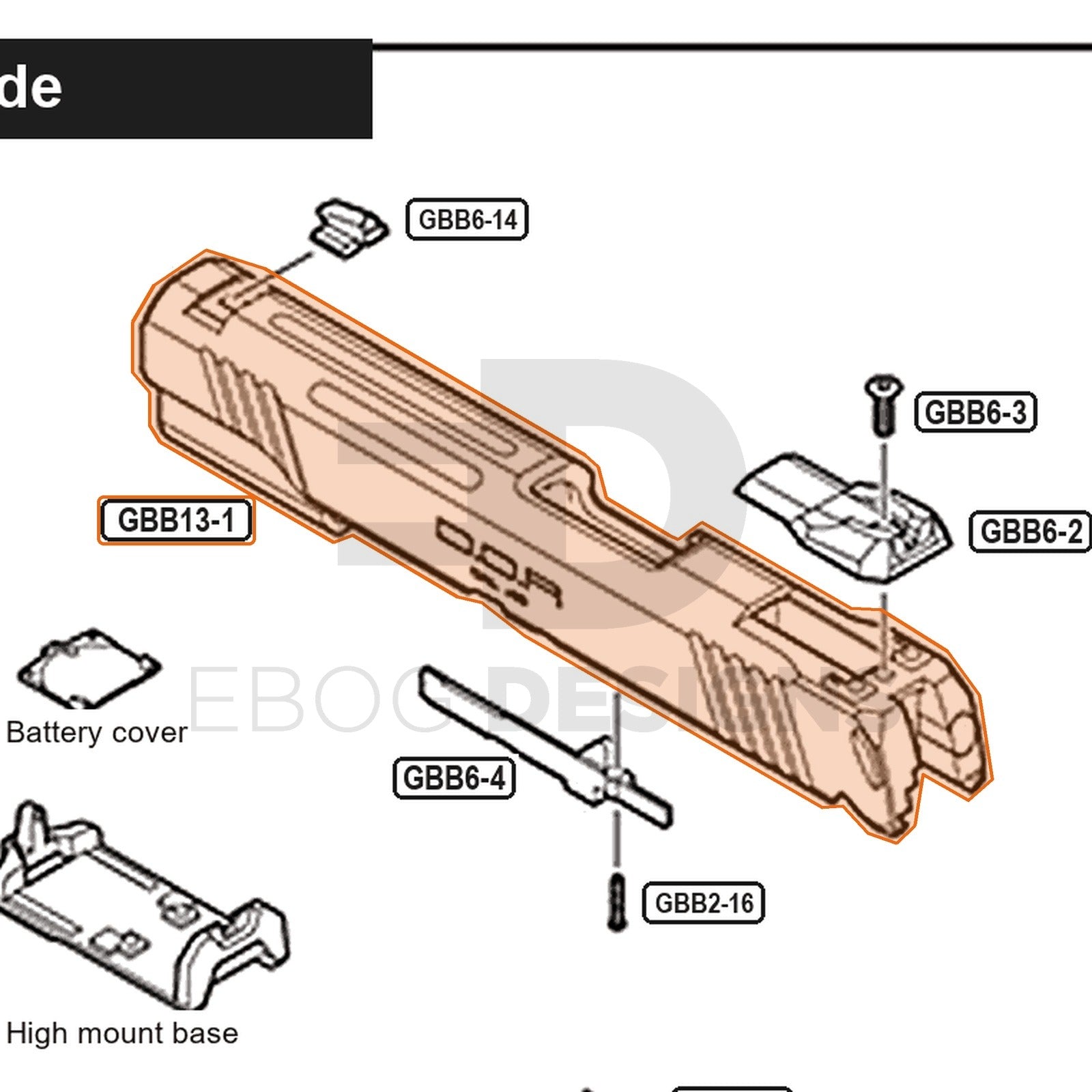 Tokyo Marui Hi-Capa White D.O.R parts diagram with the slide, part GBB13-1, outlined