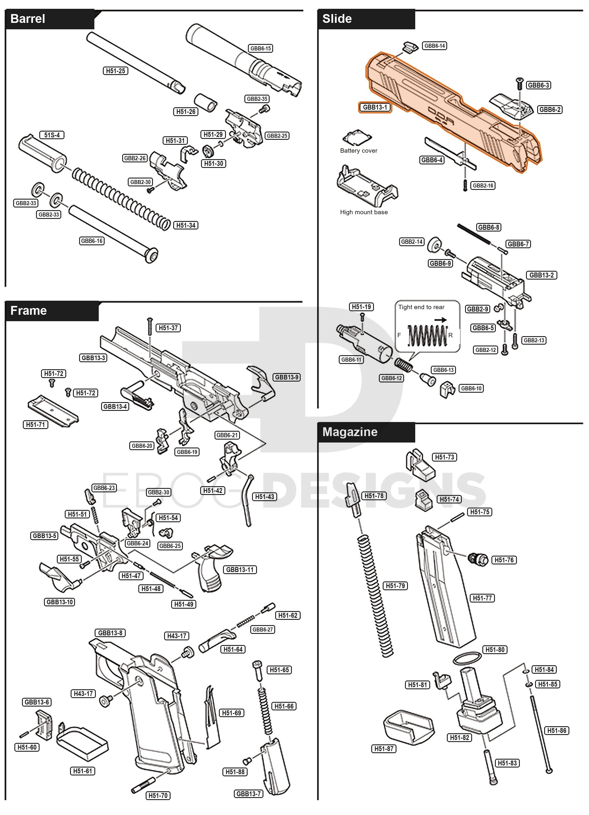 Full Tokyo Marui Hi-Capa White D.O.R parts diagram showing where the slide (part GBB13-1) fits