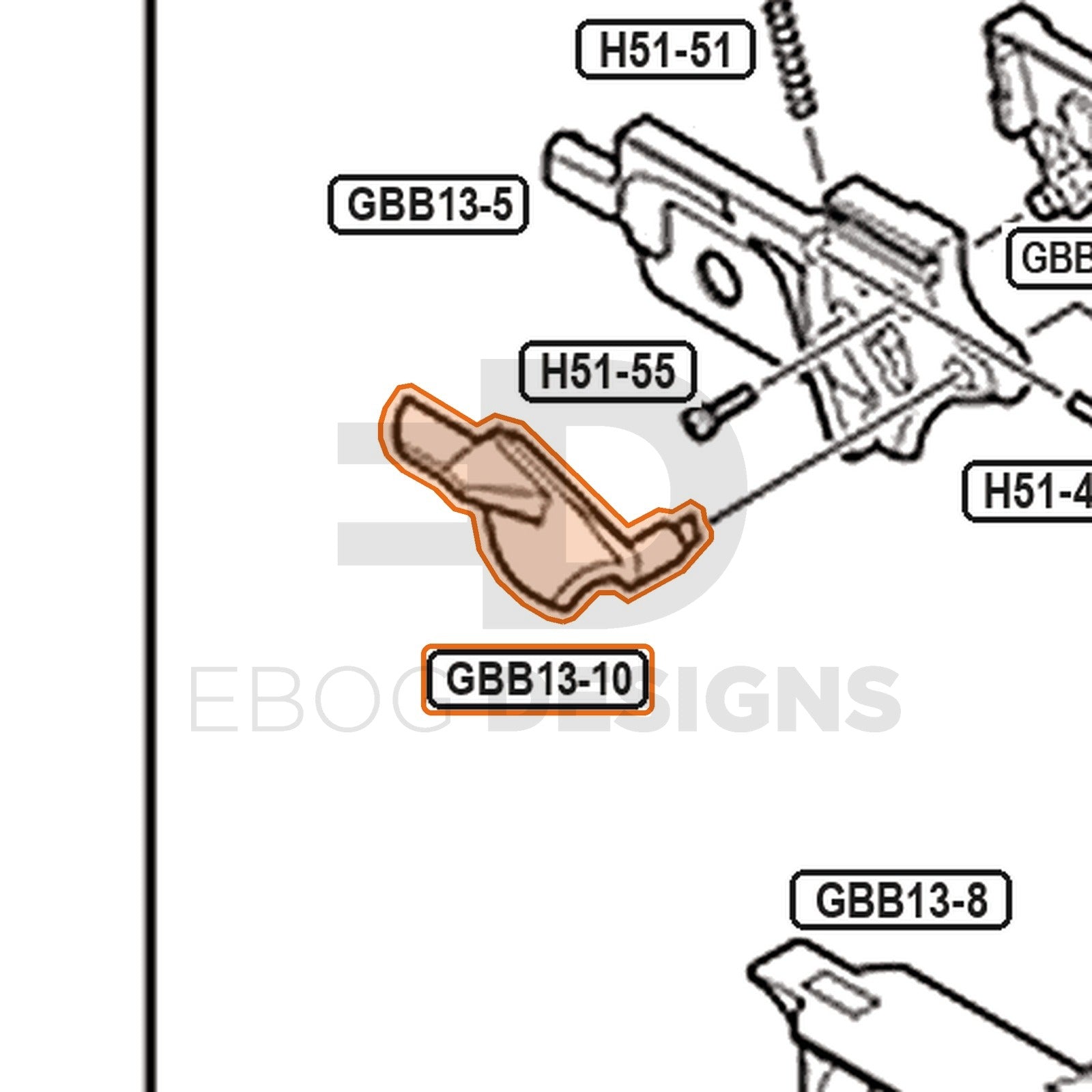 Tokyo Marui Hi-Capa White D.O.R parts diagram with the left thumb safety, part GBB13-10, outlined