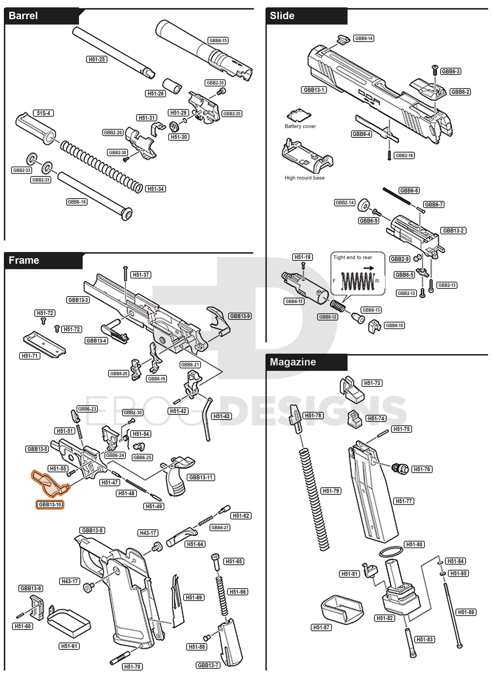 Full Tokyo Marui Hi-Capa White D.O.R parts diagram showing where the left thumb safety (part GBB13-10) fits