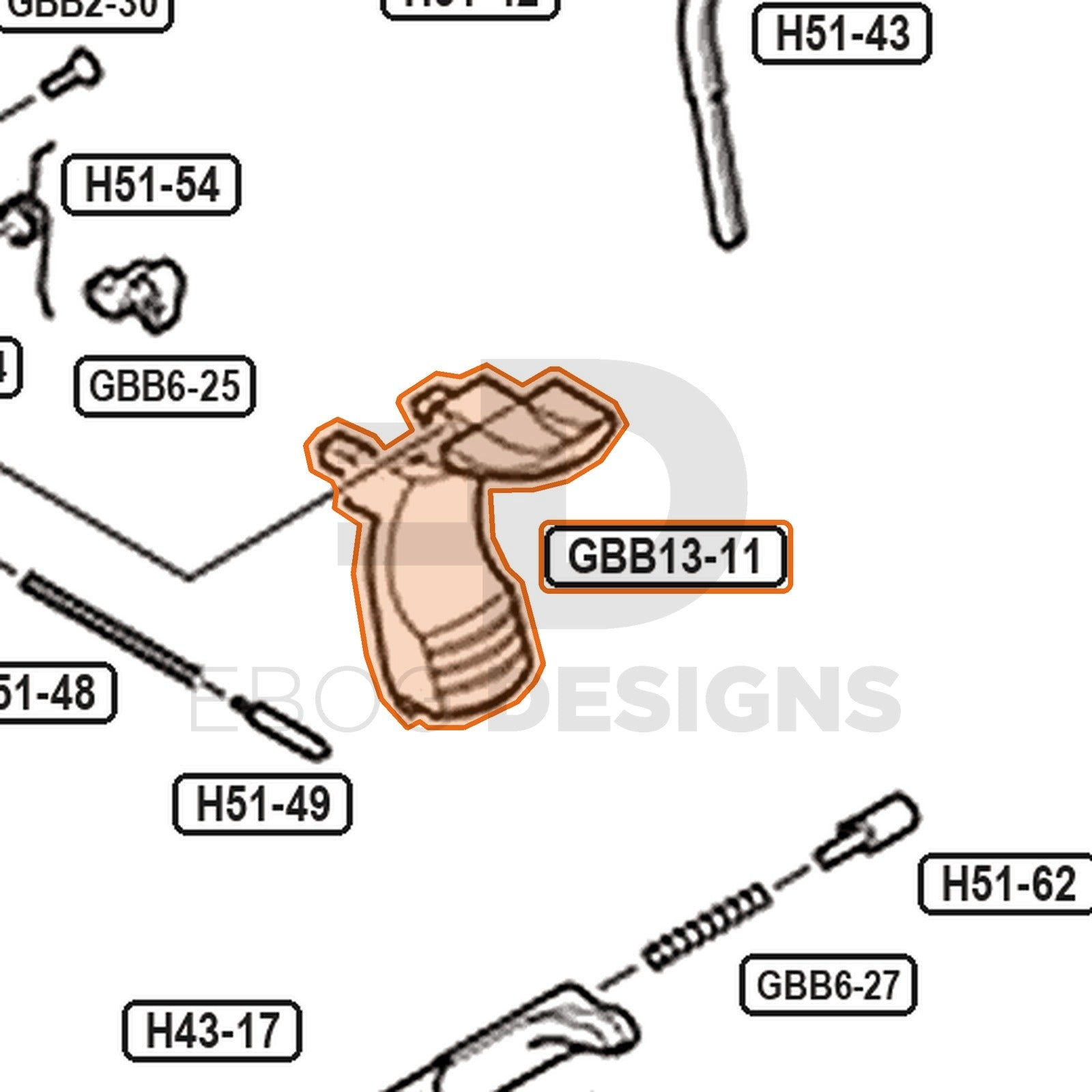 Tokyo Marui Hi-Capa White D.O.R parts diagram with the grip safety, part GBB13-11, outlined