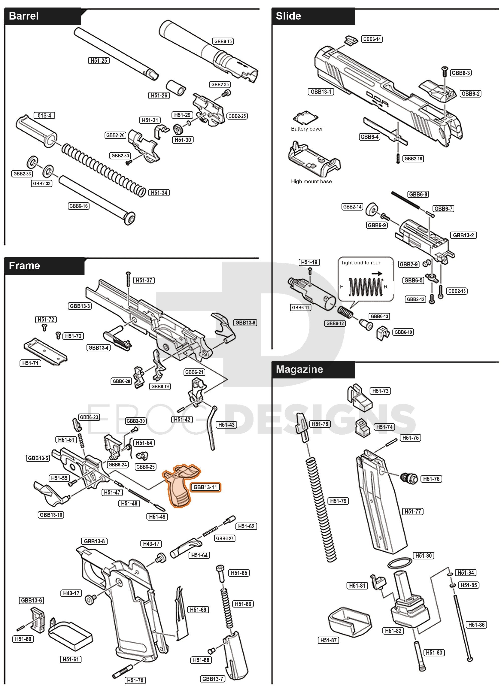 Full Tokyo Marui Hi-Capa White D.O.R parts diagram showing where the grip safety (part GBB13-11) fits