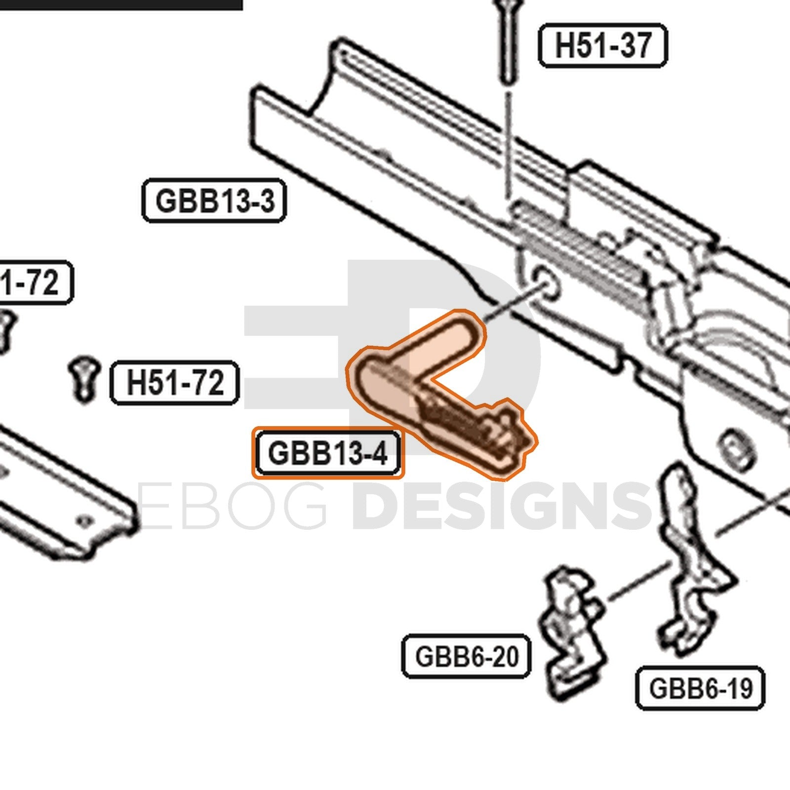 Tokyo Marui Hi-Capa White D.O.R parts diagram with the slide stop lever, part GBB13-4, outlined