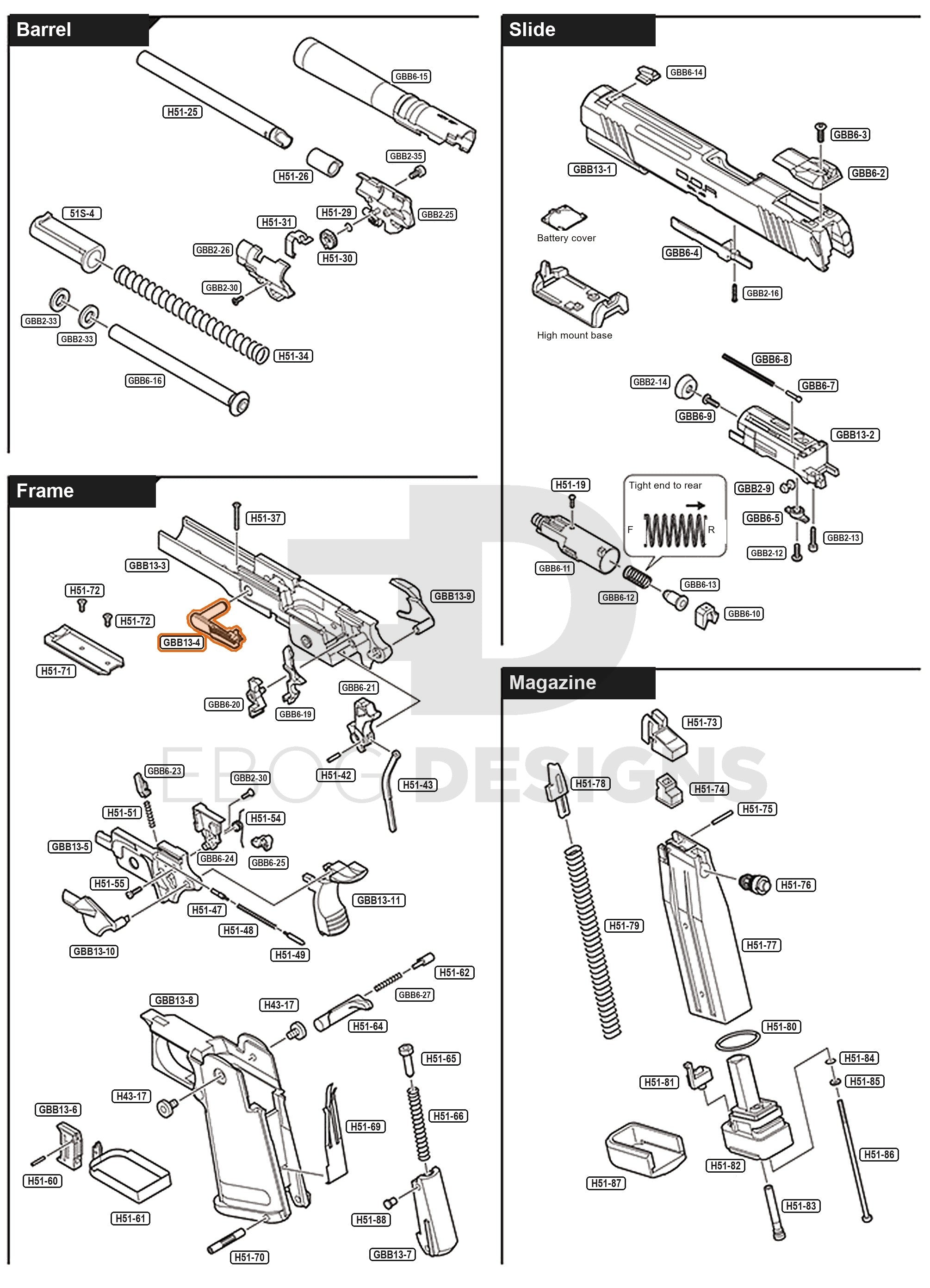 Full Tokyo Marui Hi-Capa White D.O.R parts diagram showing where the slide stop lever (part GBB13-4) fits