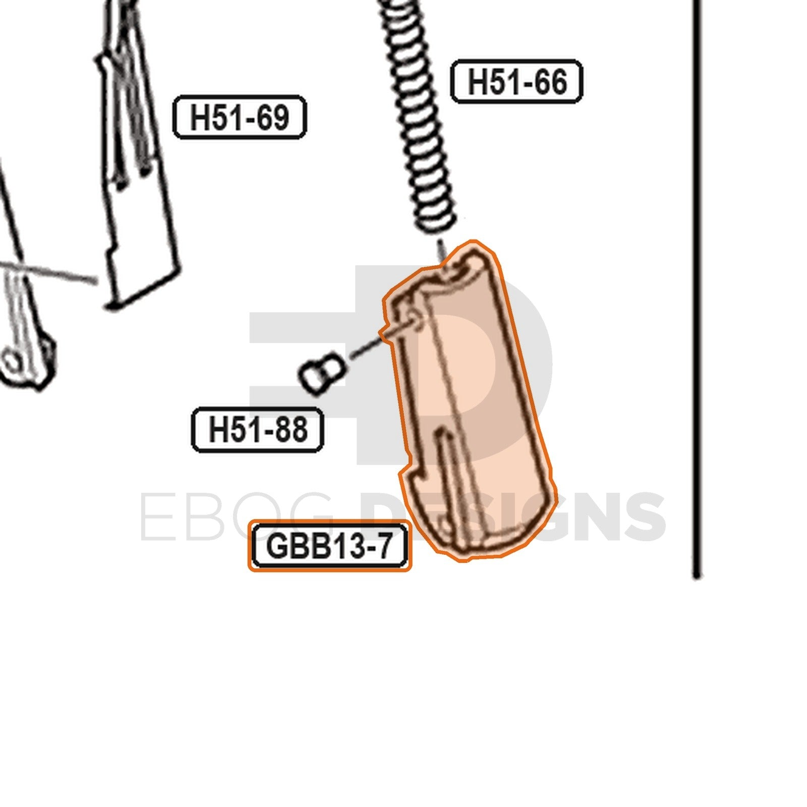 Tokyo Marui Hi-Capa White D.O.R parts diagram with the hammer grip block, part GBB13-7, outlined