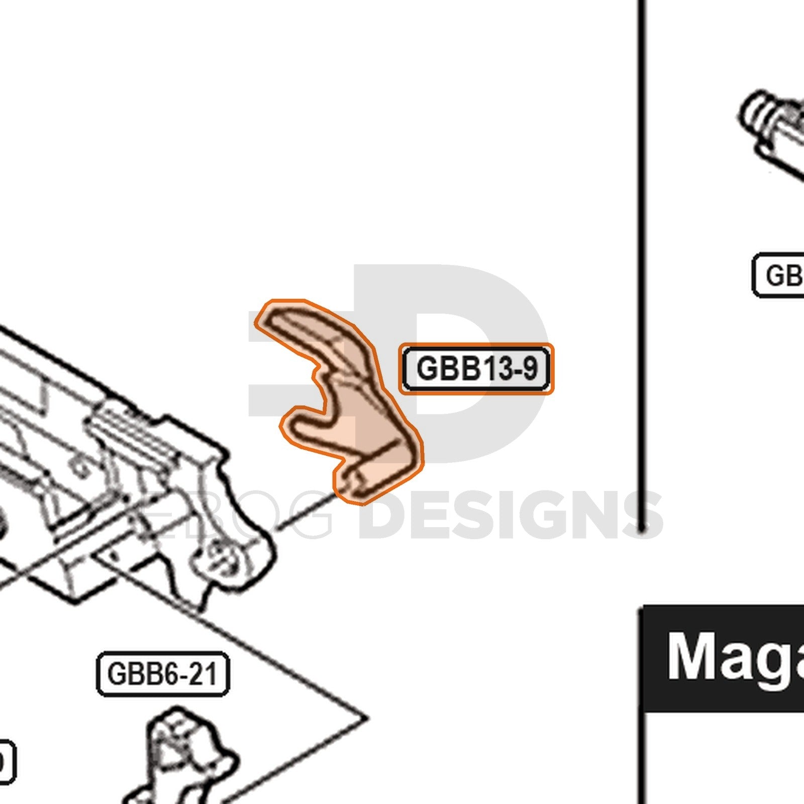 Tokyo Marui Hi-Capa White D.O.R parts diagram with the right thumb safety, part GBB13-9, outlined