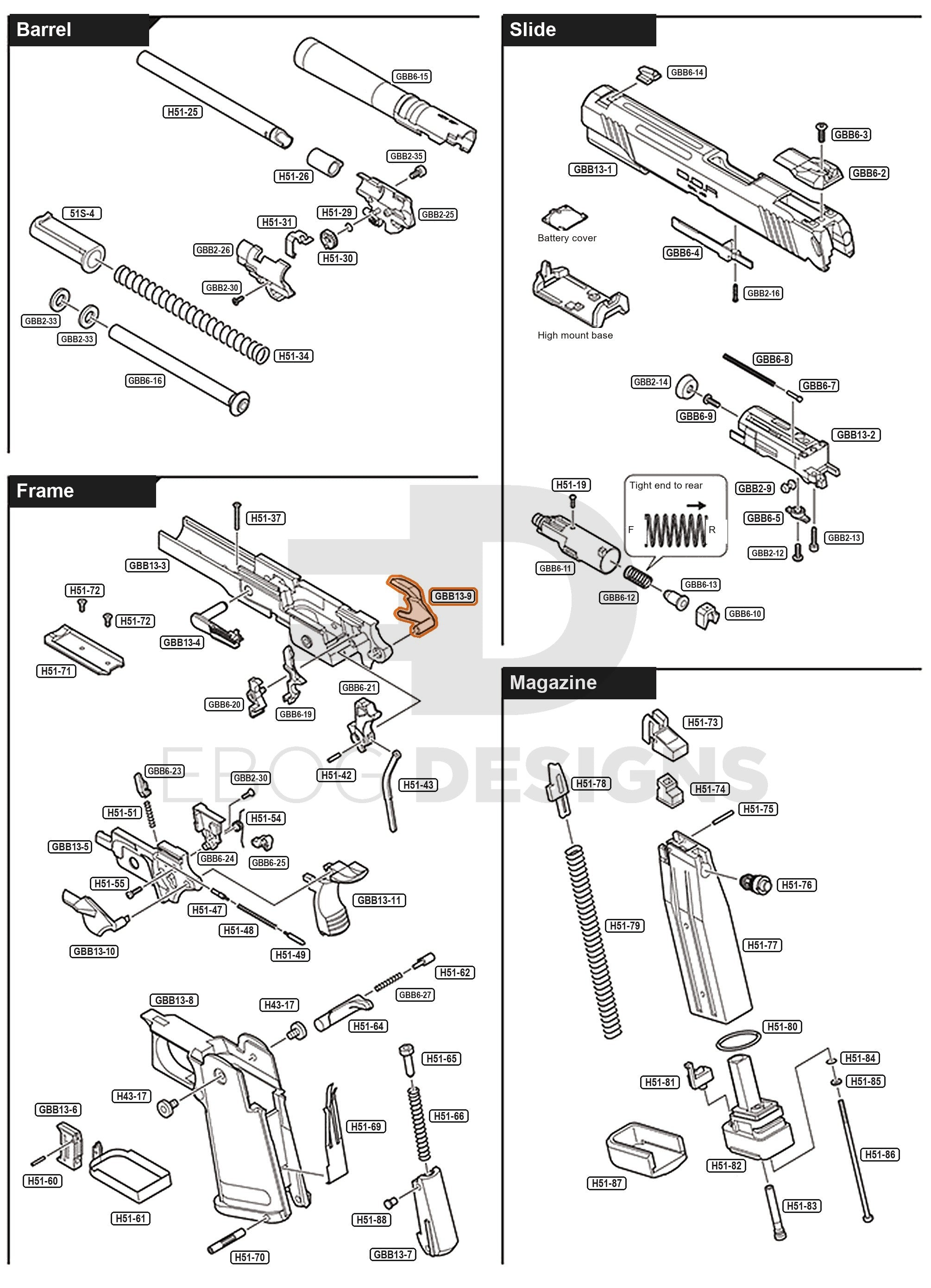 Full Tokyo Marui Hi-Capa White D.O.R parts diagram showing where the right thumb safety (part GBB13-9) fits