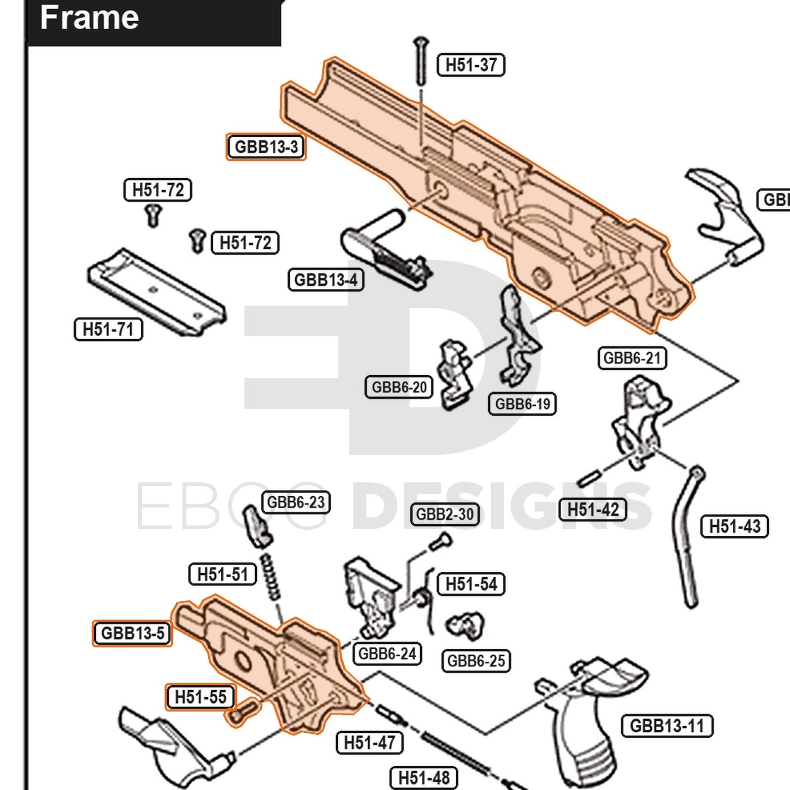 Tokyo Marui Hi-Capa White D.O.R parts diagram with the upper frame set, parts GBB13-3, GBB13-5 and H51-55, outlined