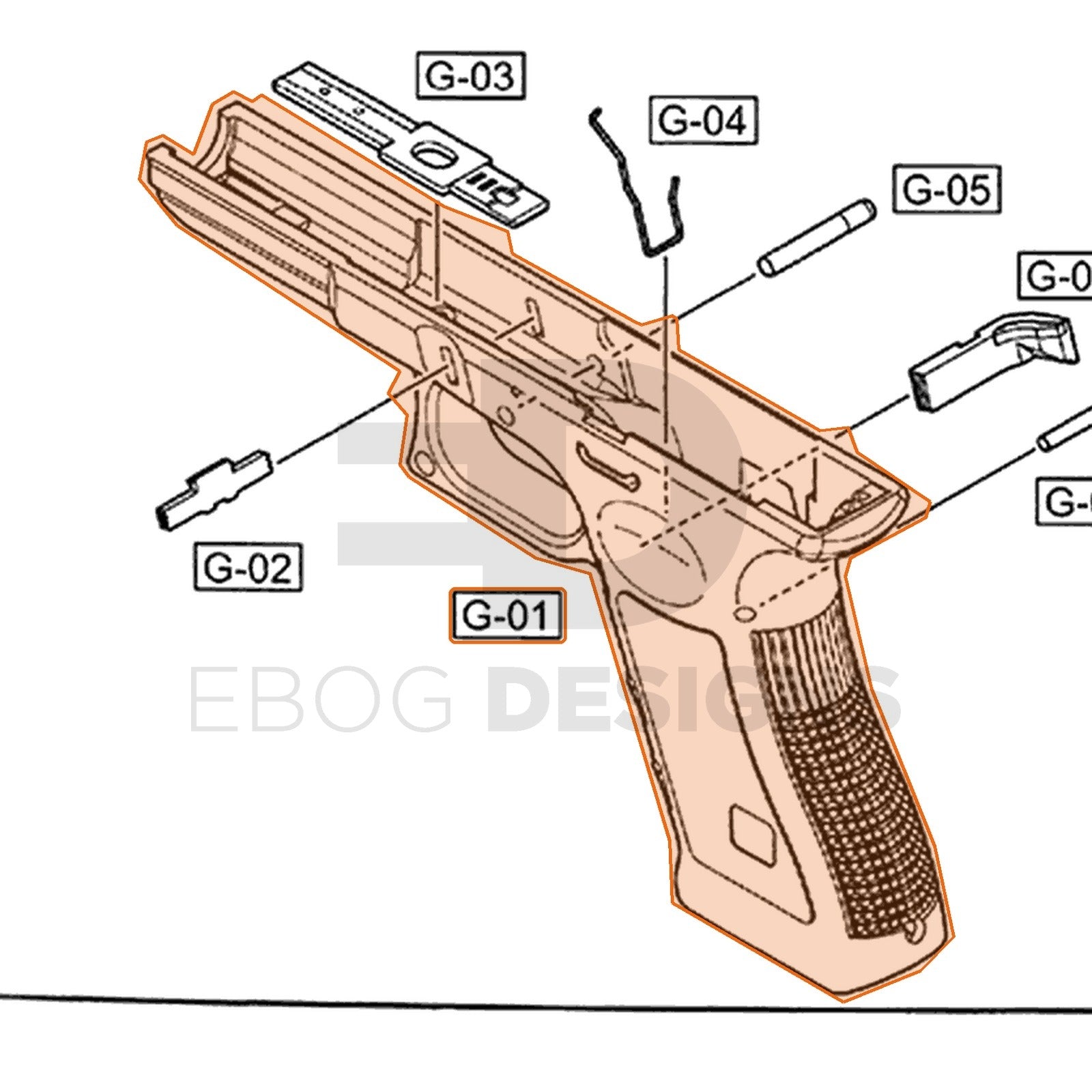 WE G17 semi-auto parts diagram with the lower frame Gen4 (stippled), olive, part 1, outlined