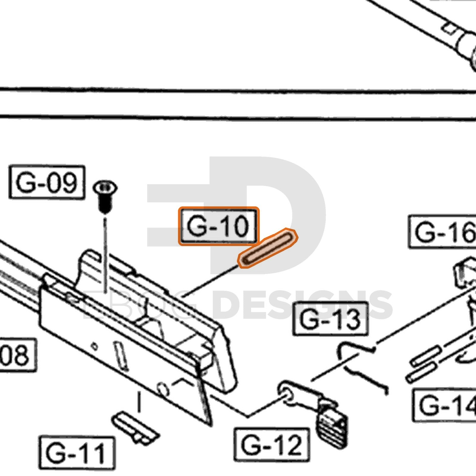 WE G17 semi-auto parts diagram with the front assembly housing pin, part 10, outlined
