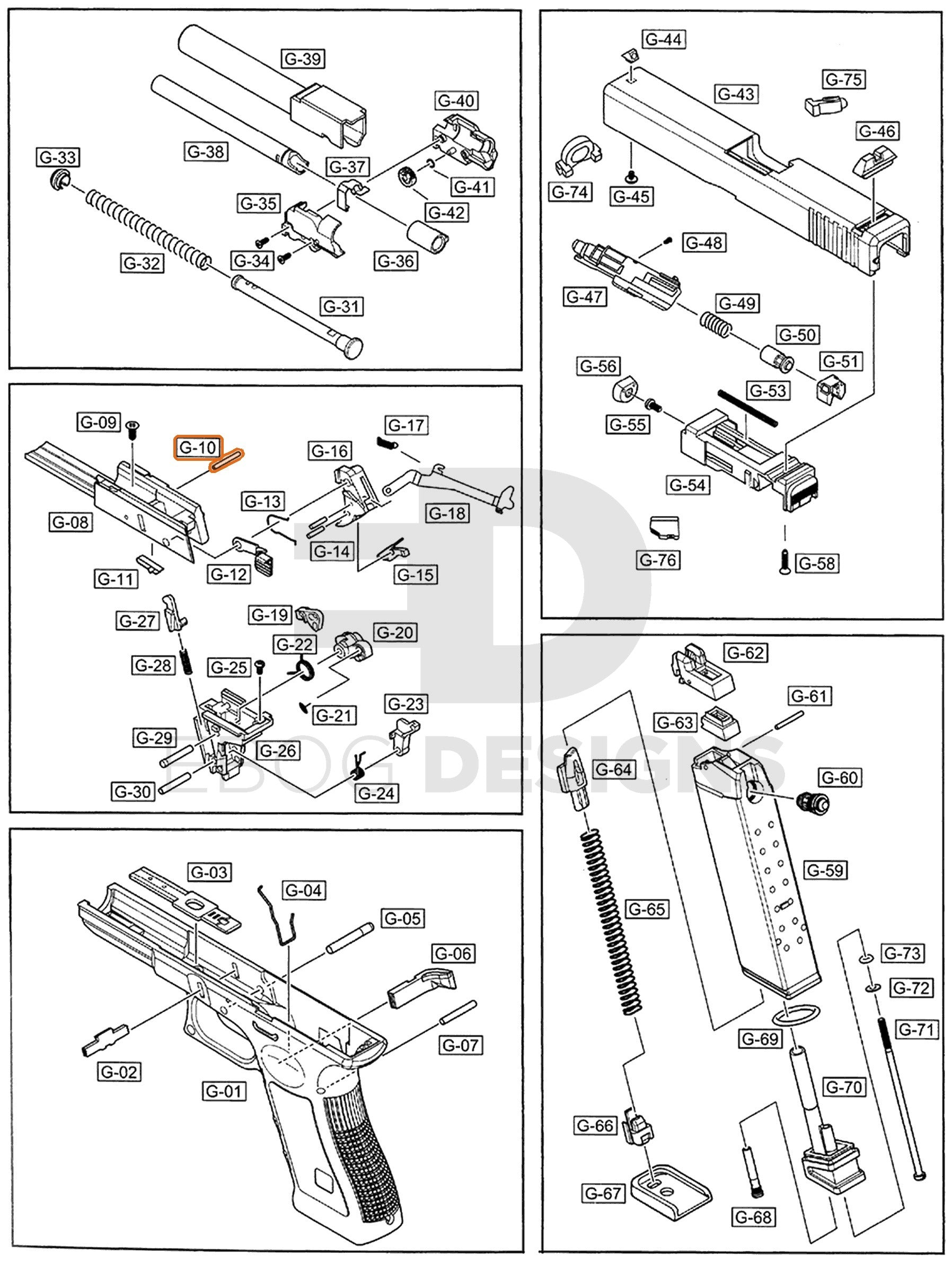 Full WE G17 semi-auto parts diagram showing where the front assembly housing pin (part 10) fits