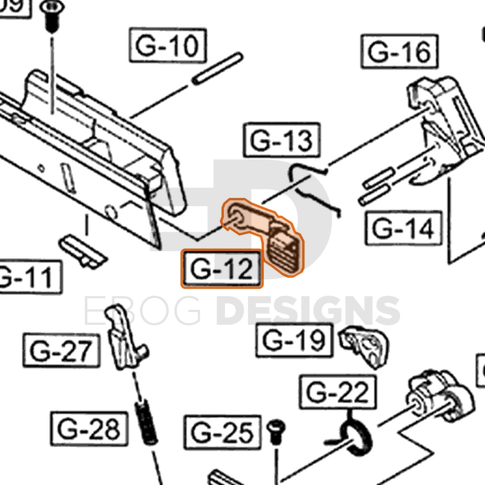 WE G17 semi-auto parts diagram with the slide catch, extended, part 12, outlined
