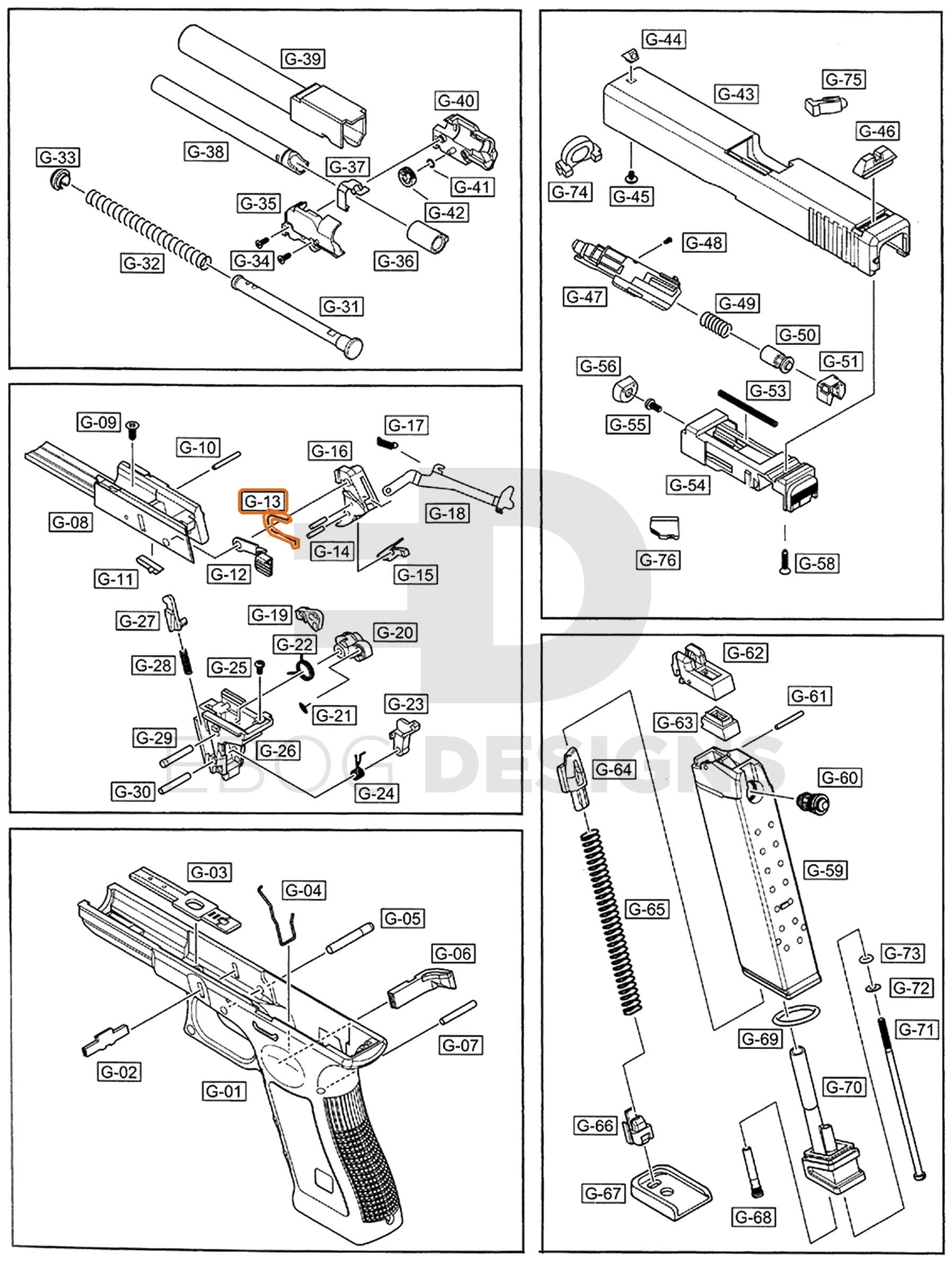 Full WE G17 semi-auto parts diagram showing where the slide lock spring (part 13) fits