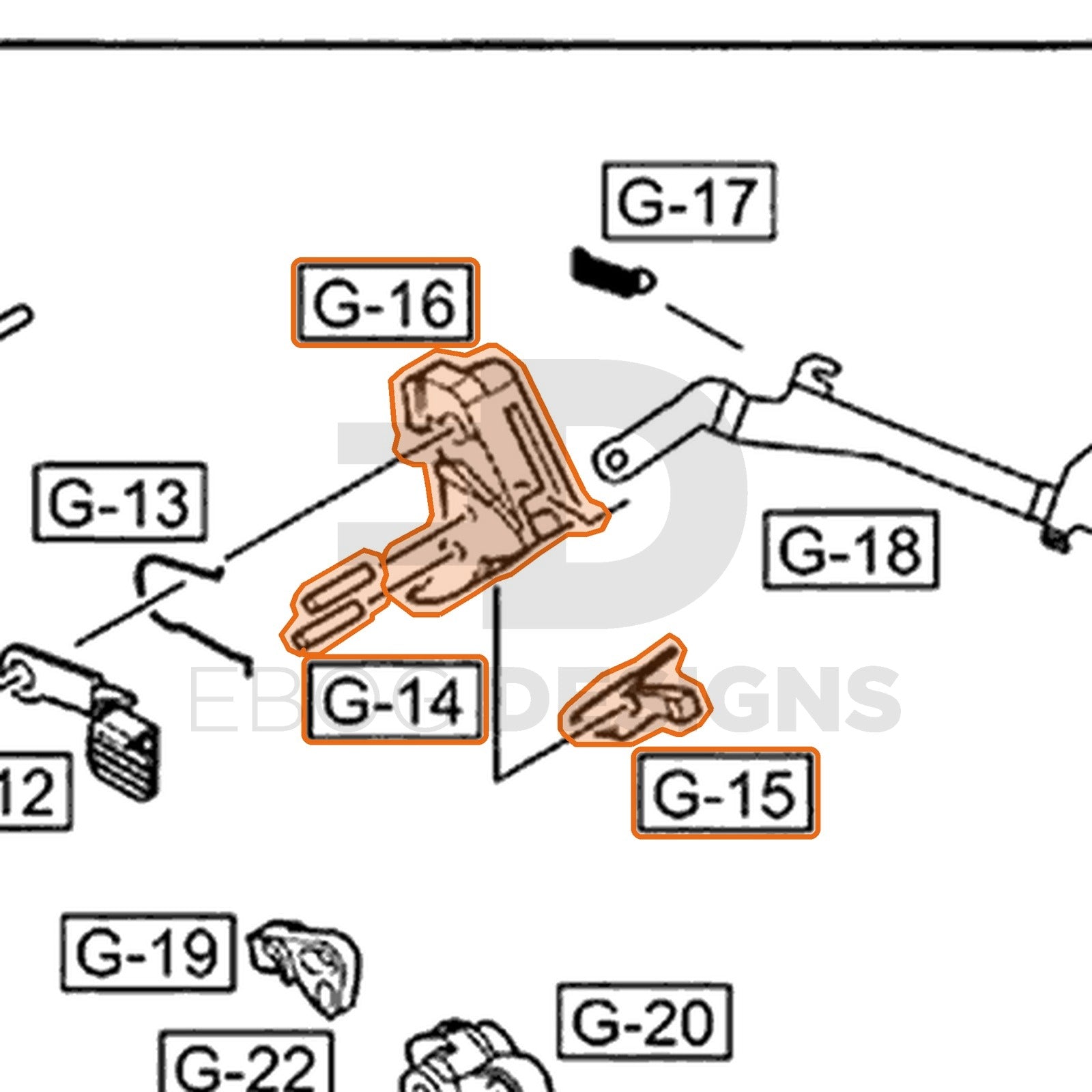 WE G17 semi-auto parts diagram with the trigger set, parts 14, 15 and 16, outlined