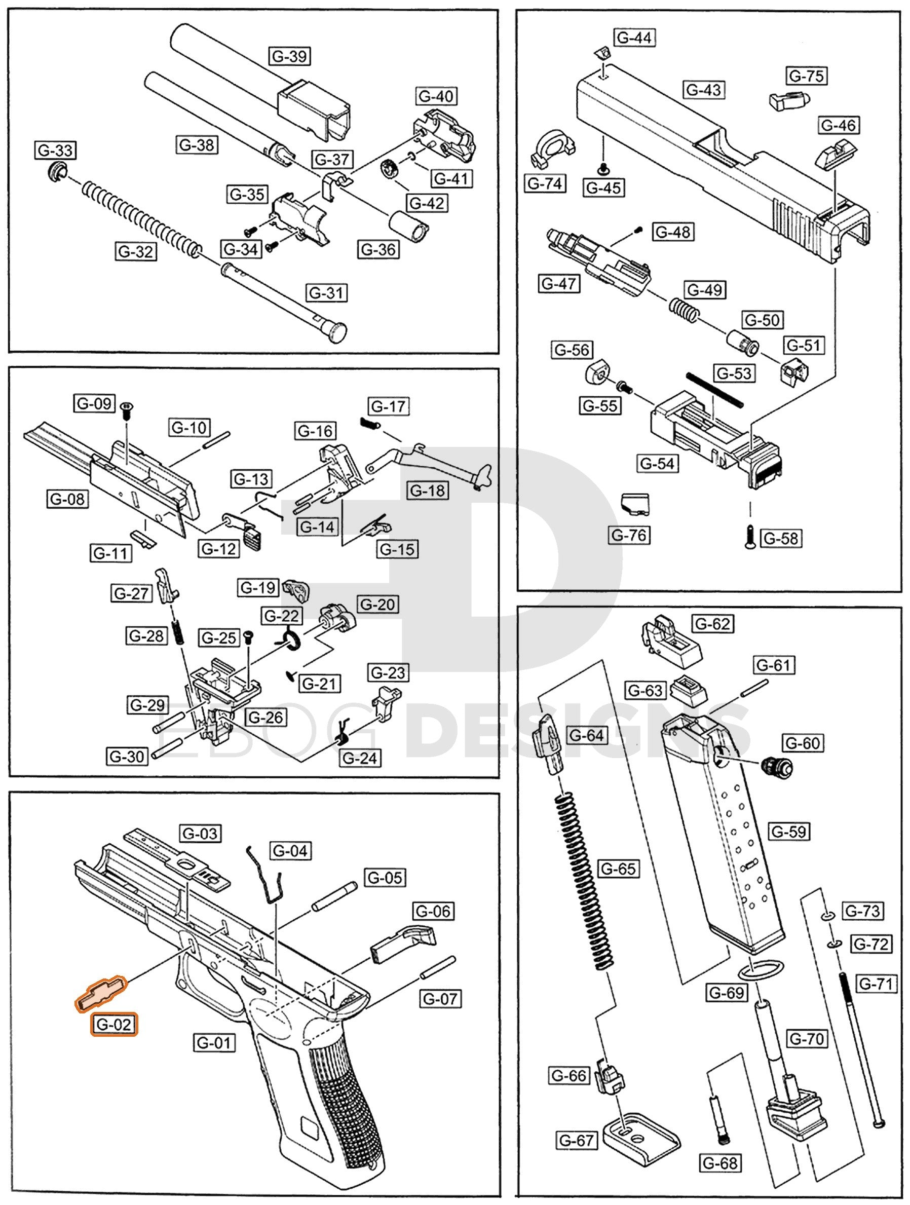 Full WE G17 semi-auto parts diagram showing where the slide release lever (part 2) fits