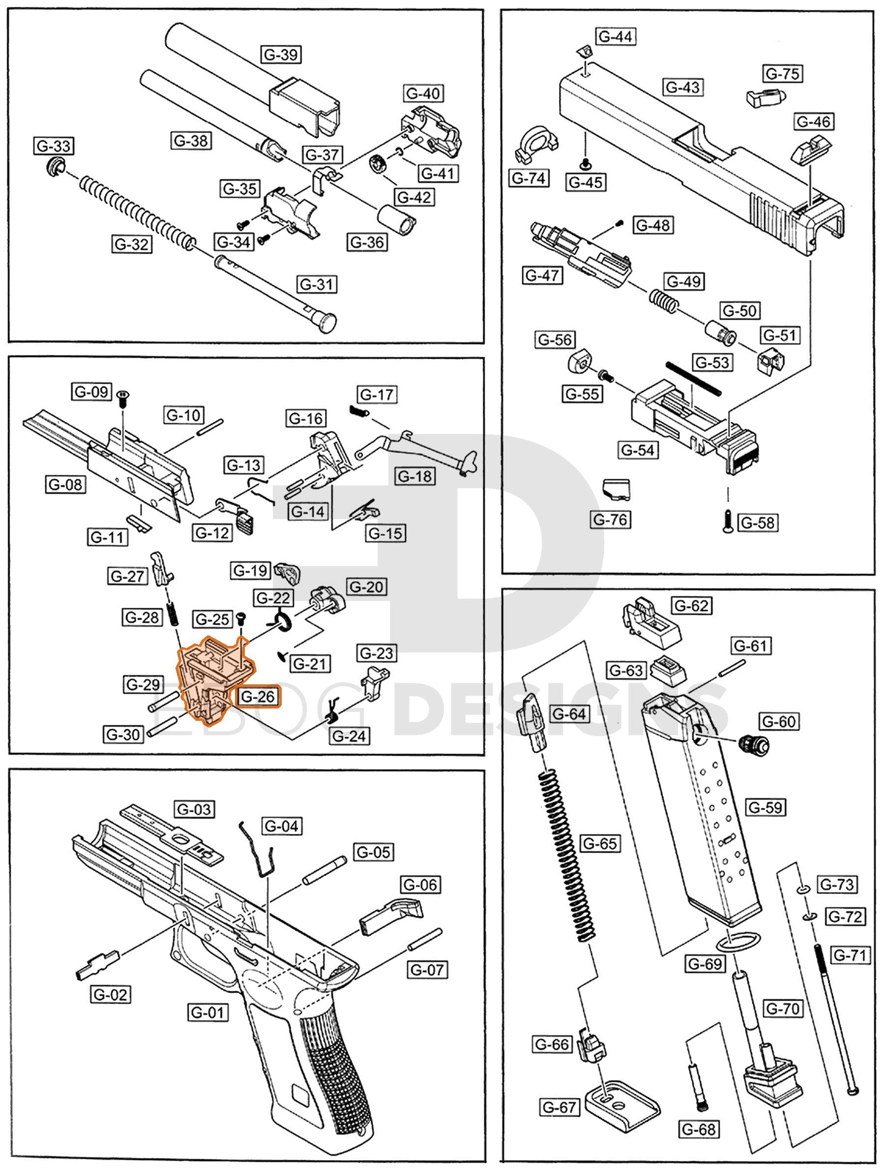 Full WE G17 semi-auto parts diagram showing where the hammer housing (part 26) fits