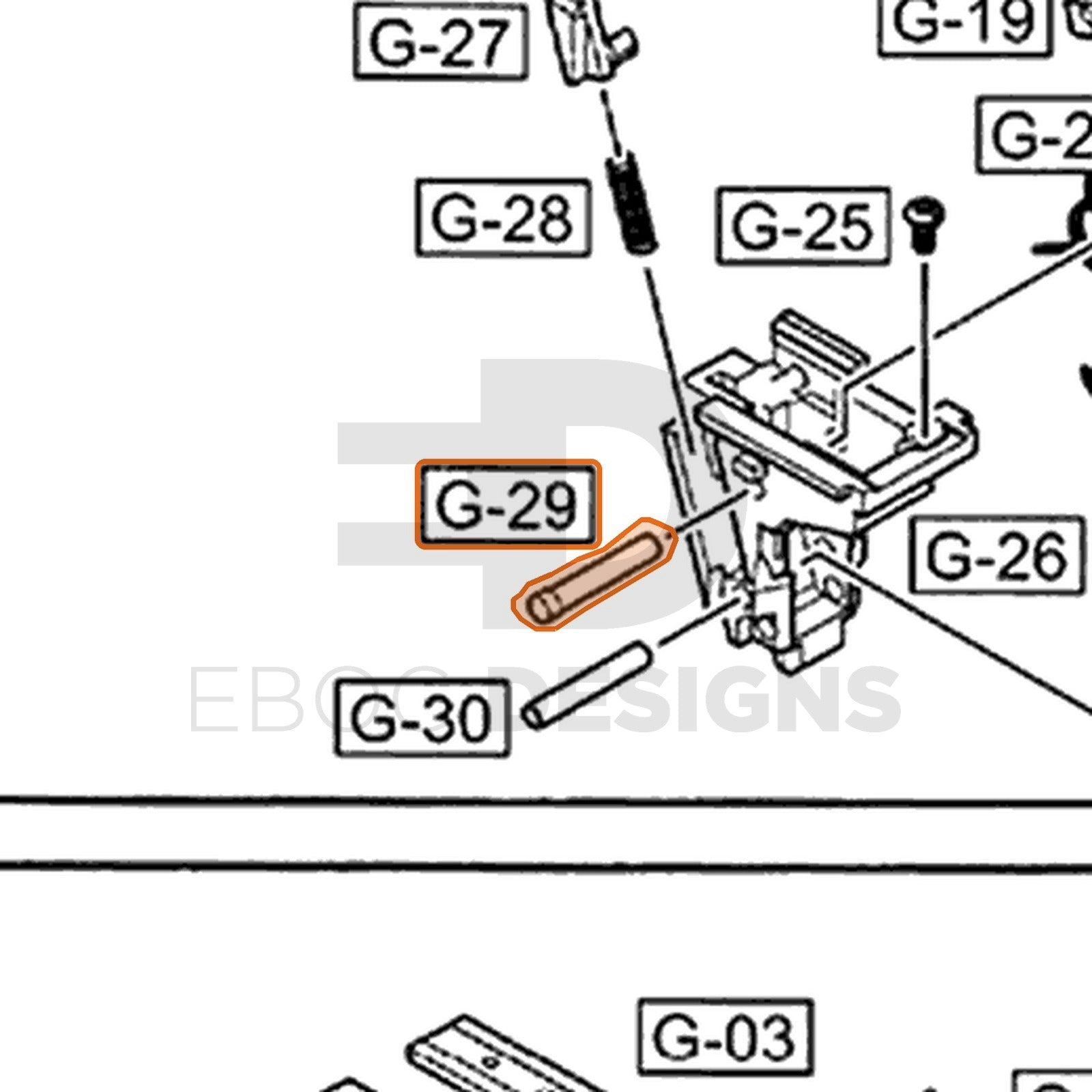 WE G17 semi-auto parts diagram with the hammer pin, upper, part 29, outlined