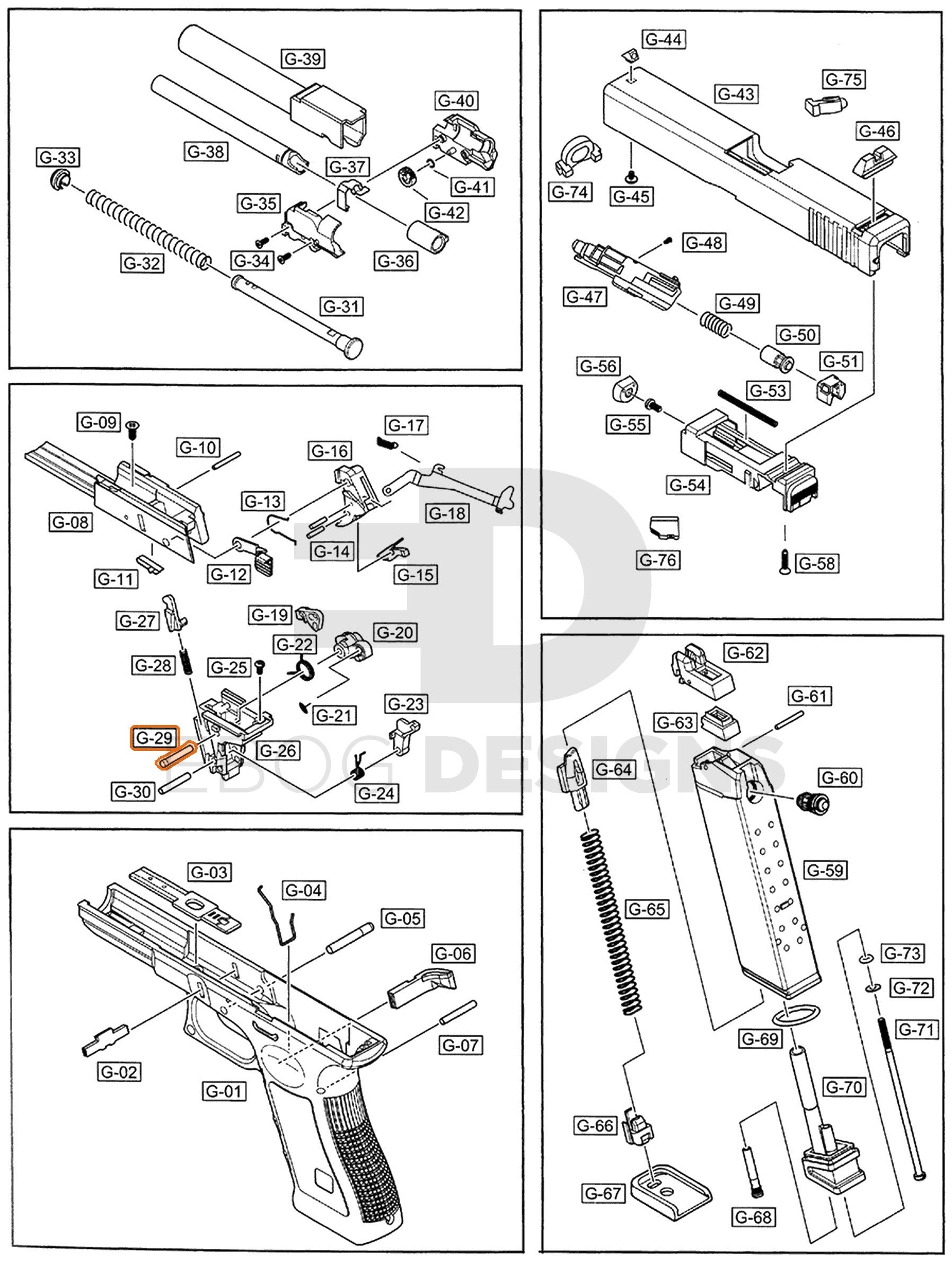 Full WE G17 semi-auto parts diagram showing where the hammer pin, upper (part 29) fits