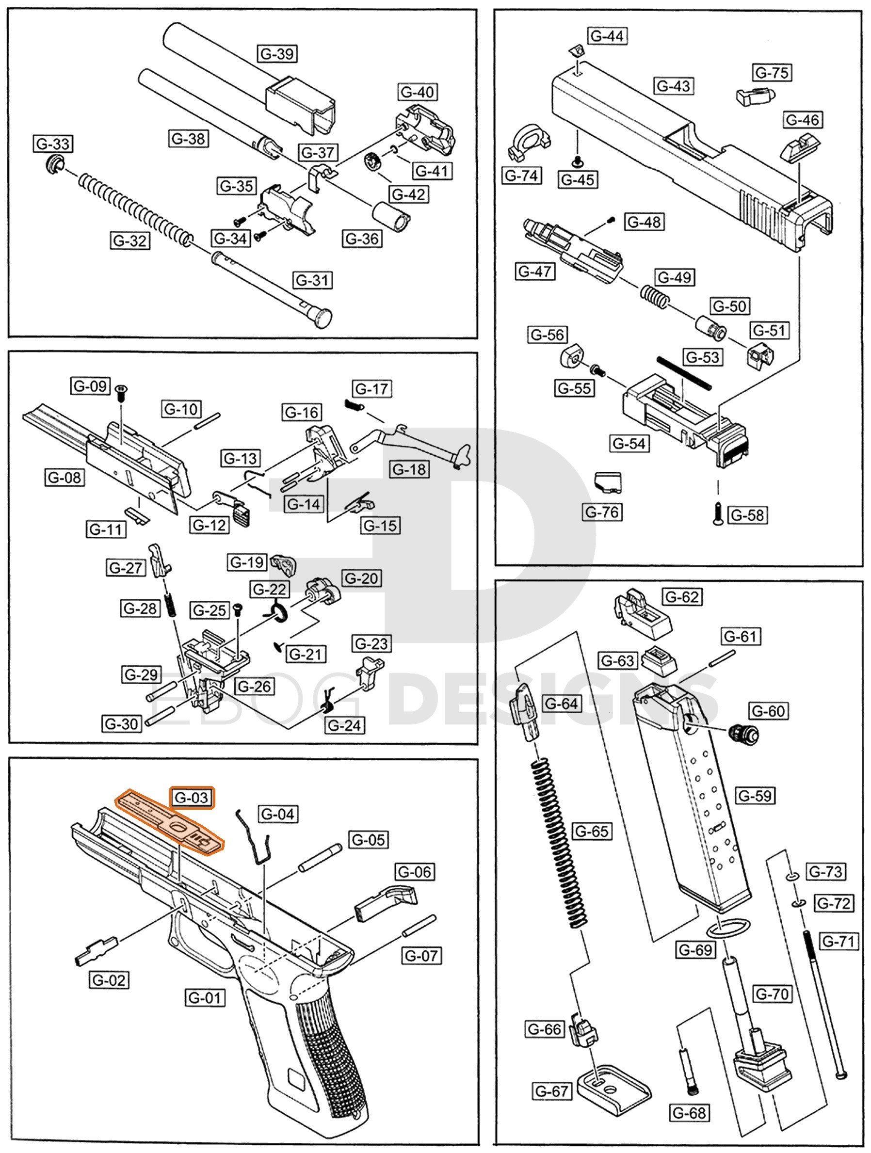 Full WE G17 semi-auto parts diagram showing where the serial number safety bar (part 3) fits