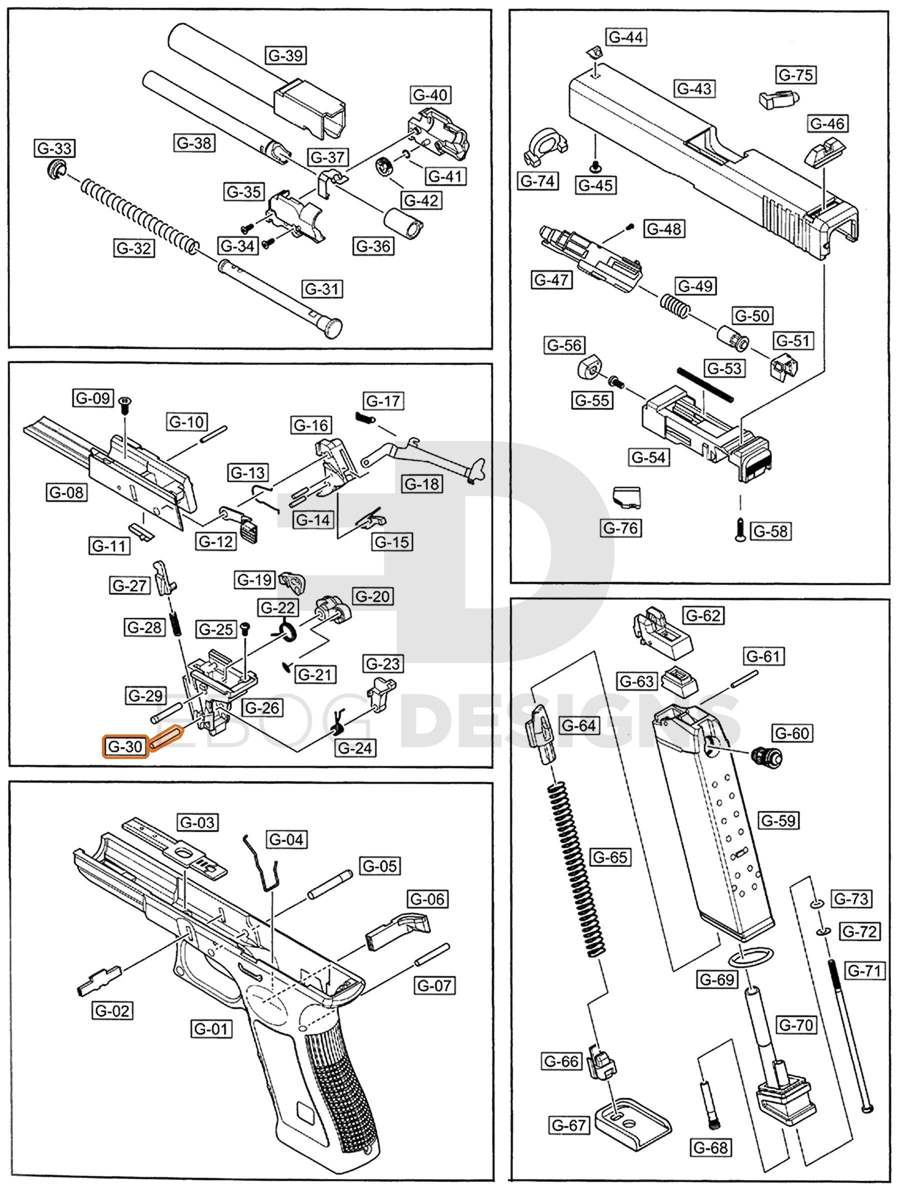 Full WE G17 semi-auto parts diagram showing where the hammer pin, lower (part 30) fits