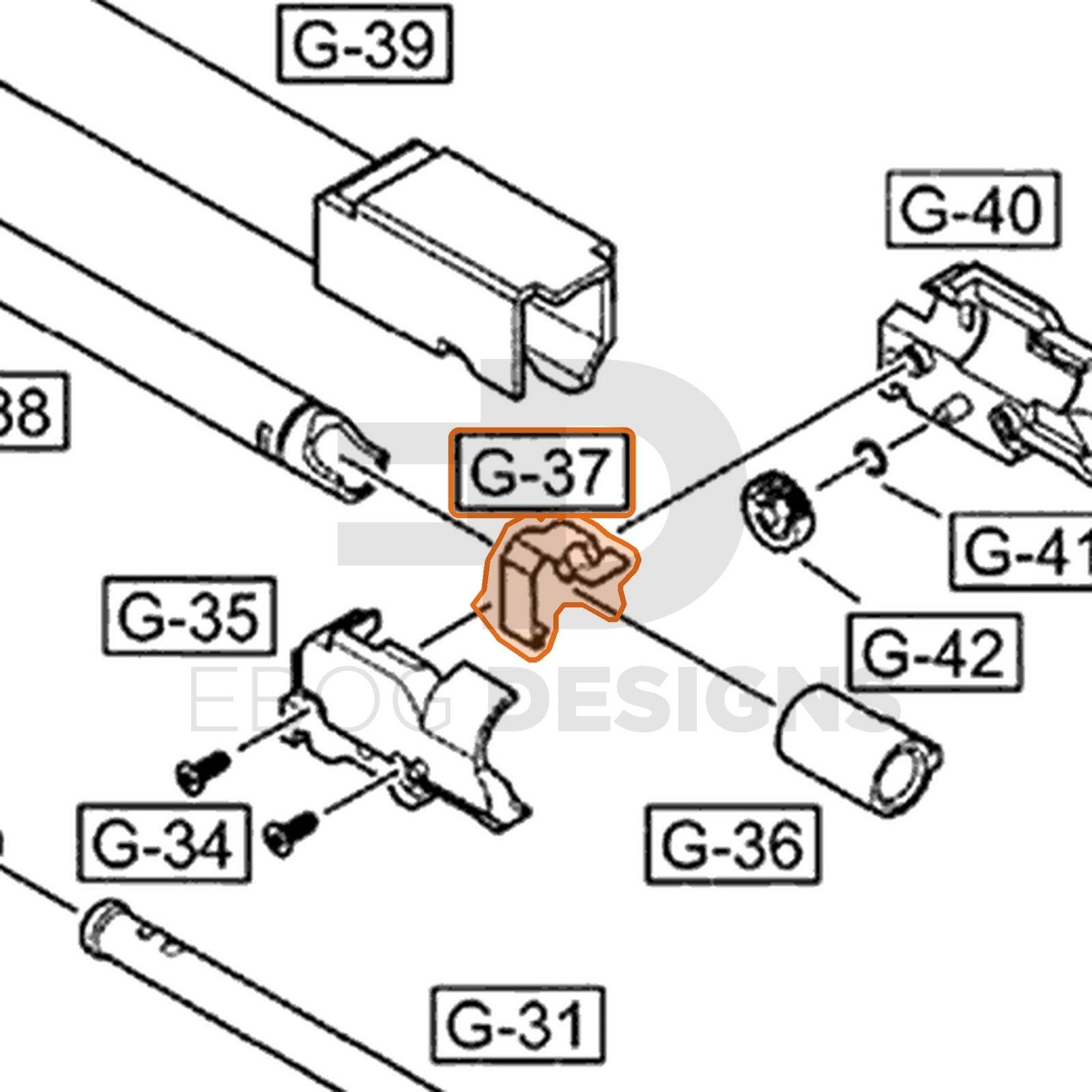 WE G17 semi-auto parts diagram with the hop chamber arm, part 37, outlined