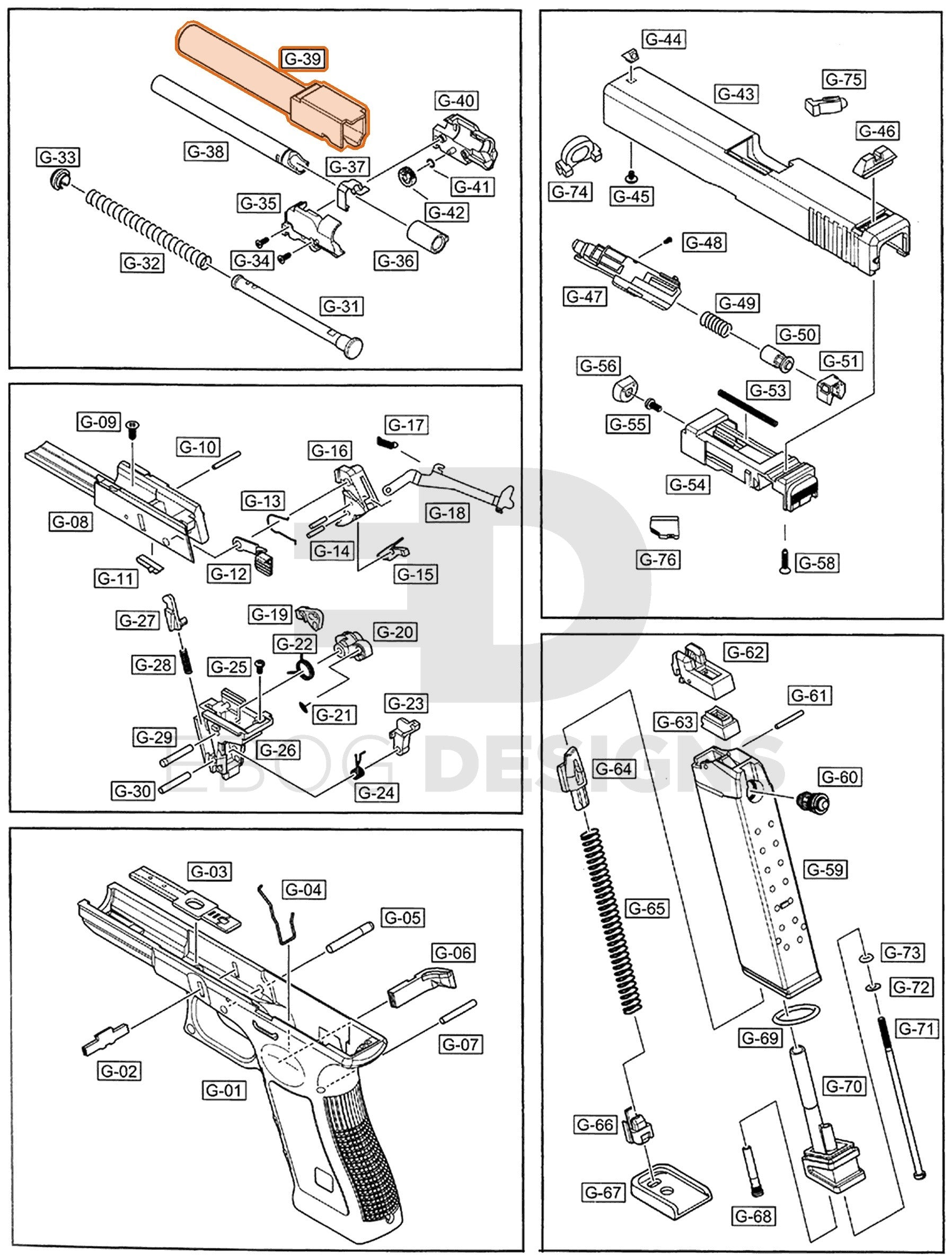 Full WE G17 semi-auto parts diagram showing where the outer barrel (part 39) fits