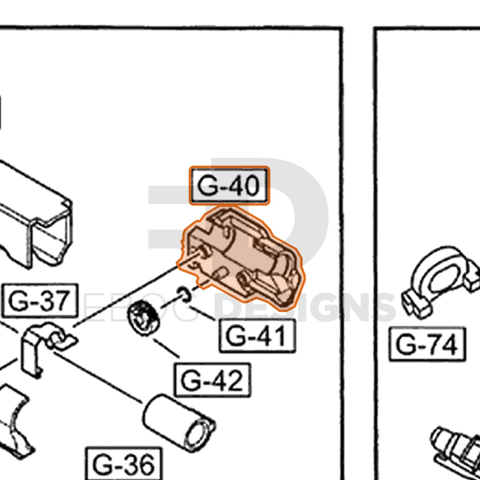 WE G17 semi-auto parts diagram with the hop chamber, right side, part 40, outlined