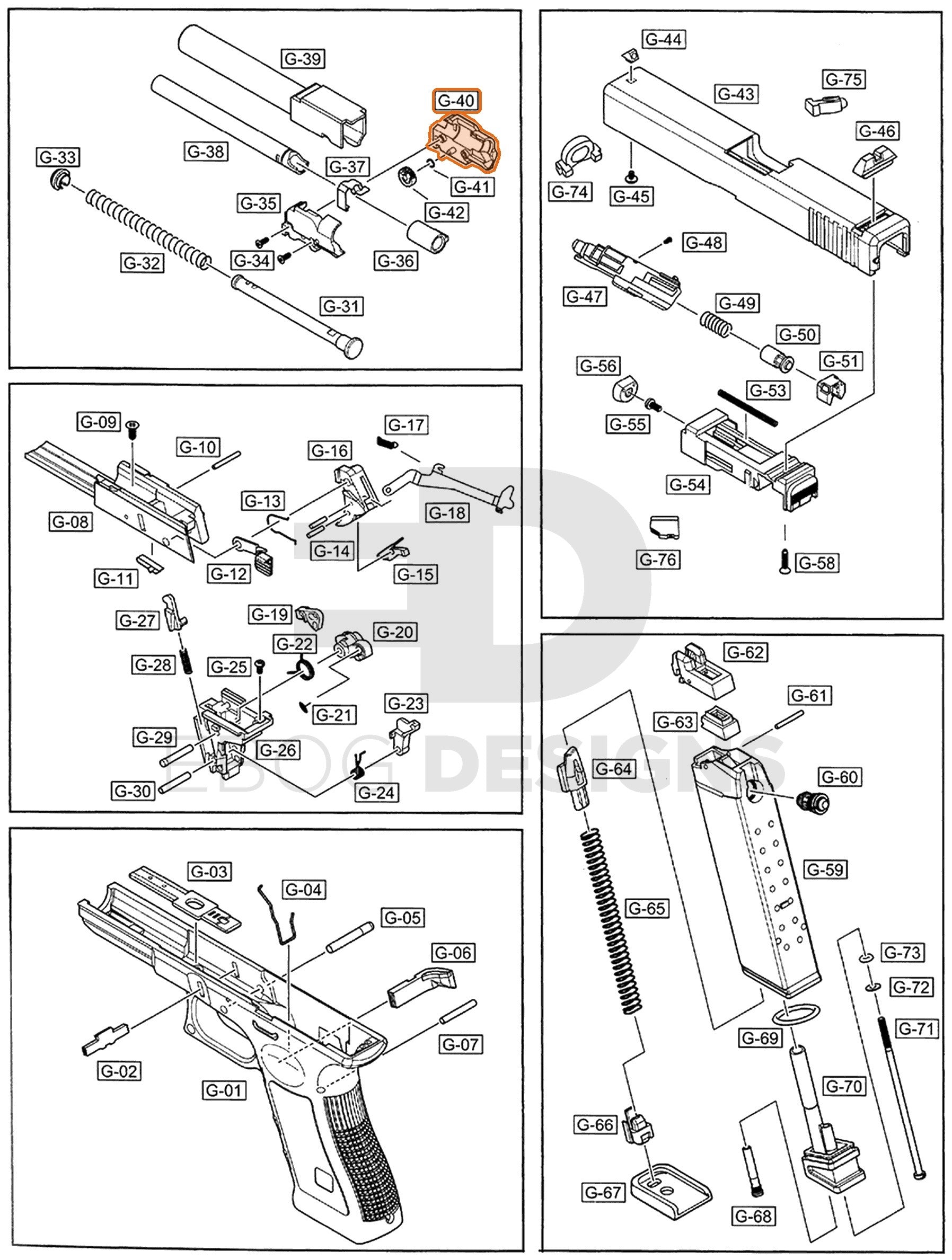 Full WE G17 semi-auto parts diagram showing where the hop chamber, right side (part 40) fits