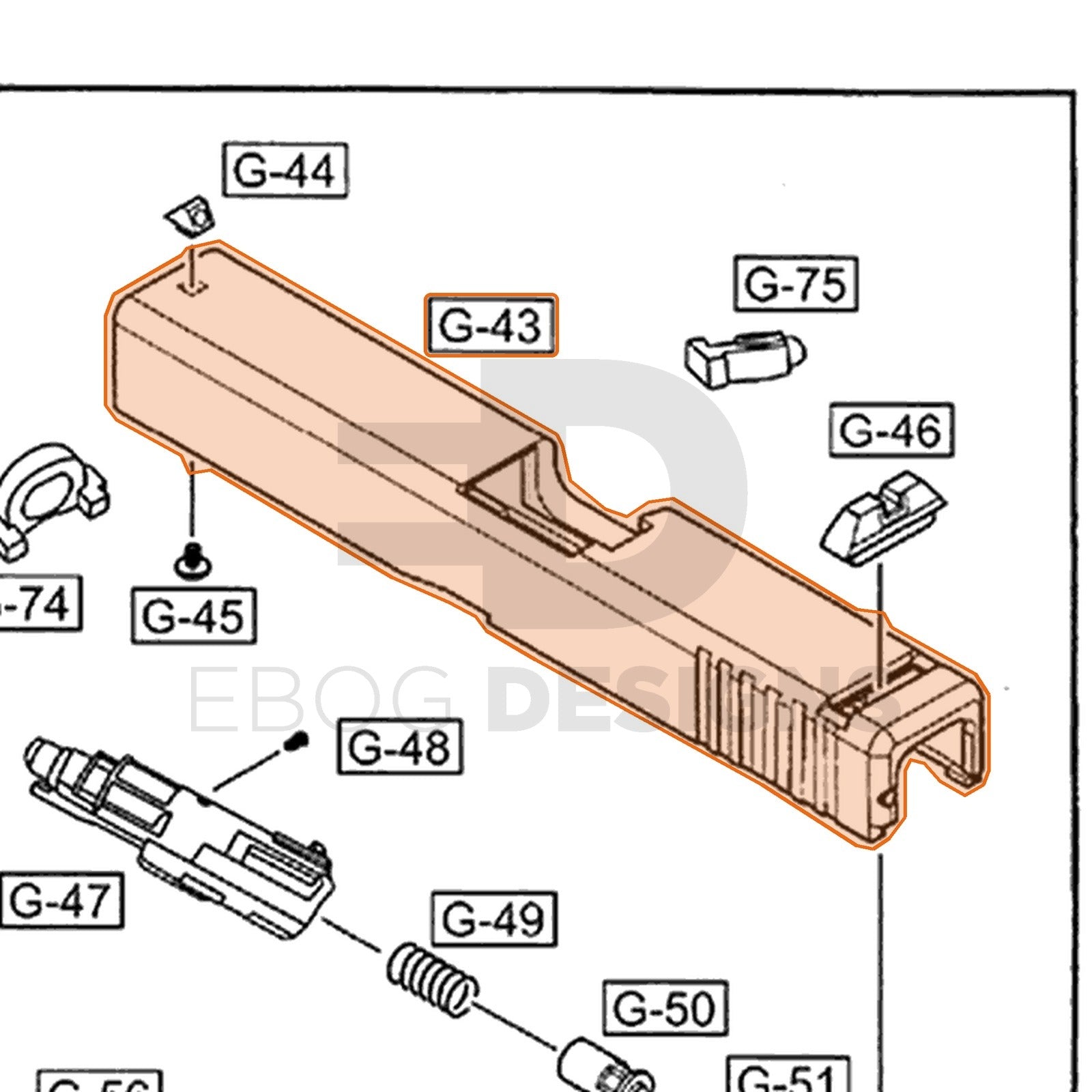 WE G17 semi-auto parts diagram with the slide, part 43, outlined
