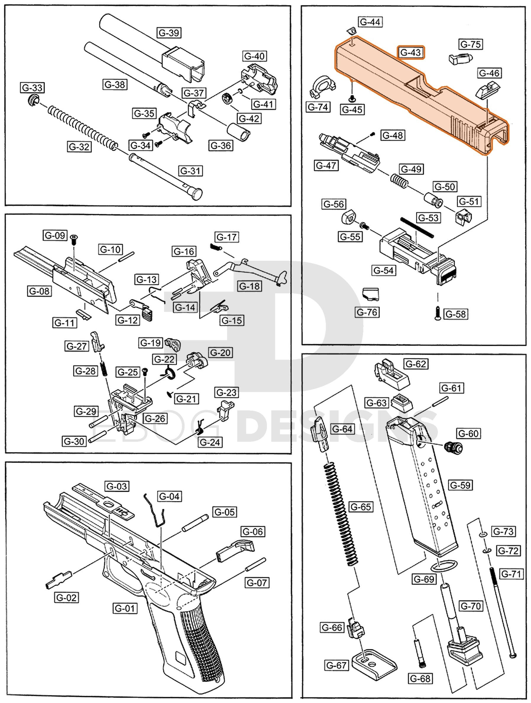 Full WE G17 semi-auto parts diagram showing where the slide (part 43) fits