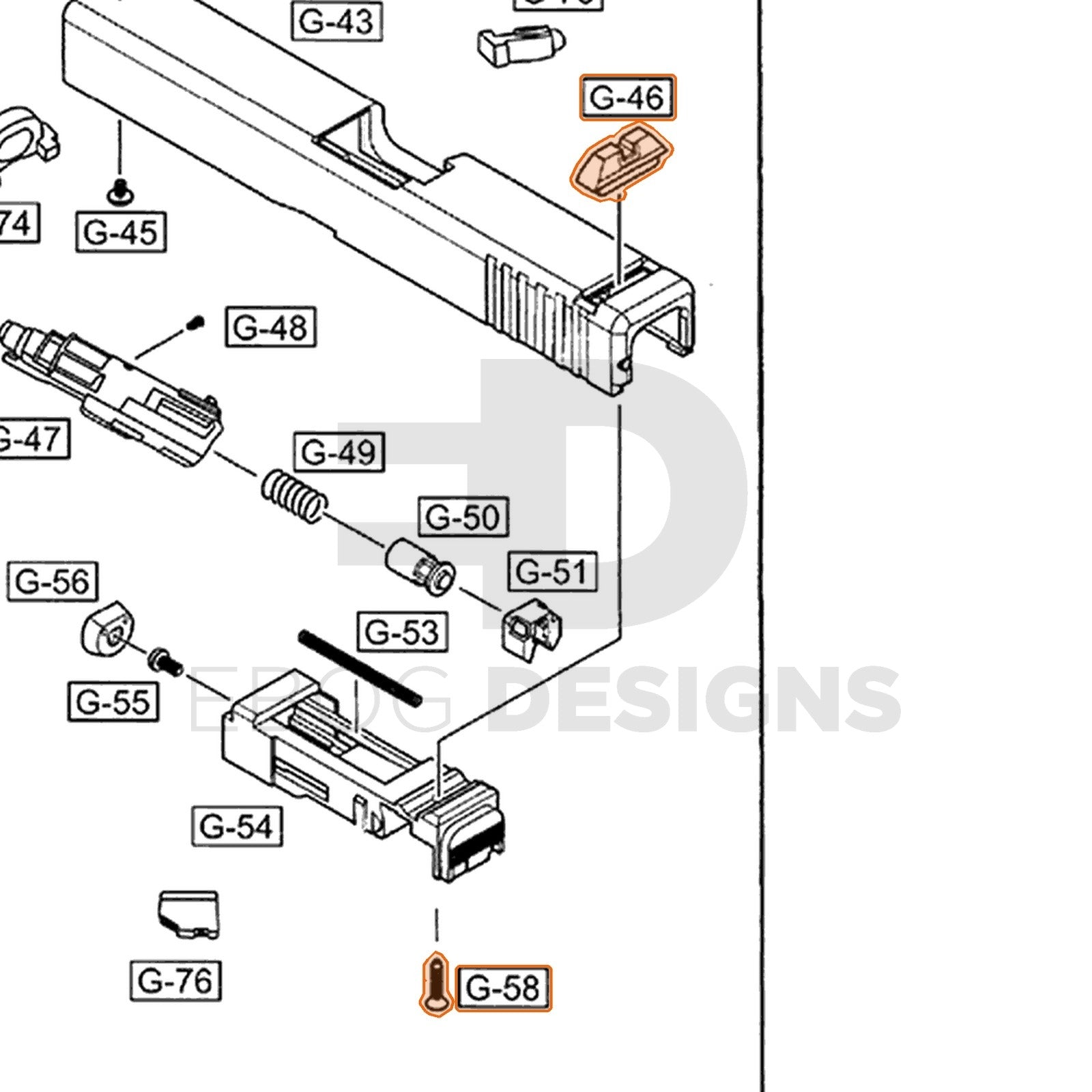 WE G17 semi-auto parts diagram with the rear sight and screw, parts 46 and 58, outlined