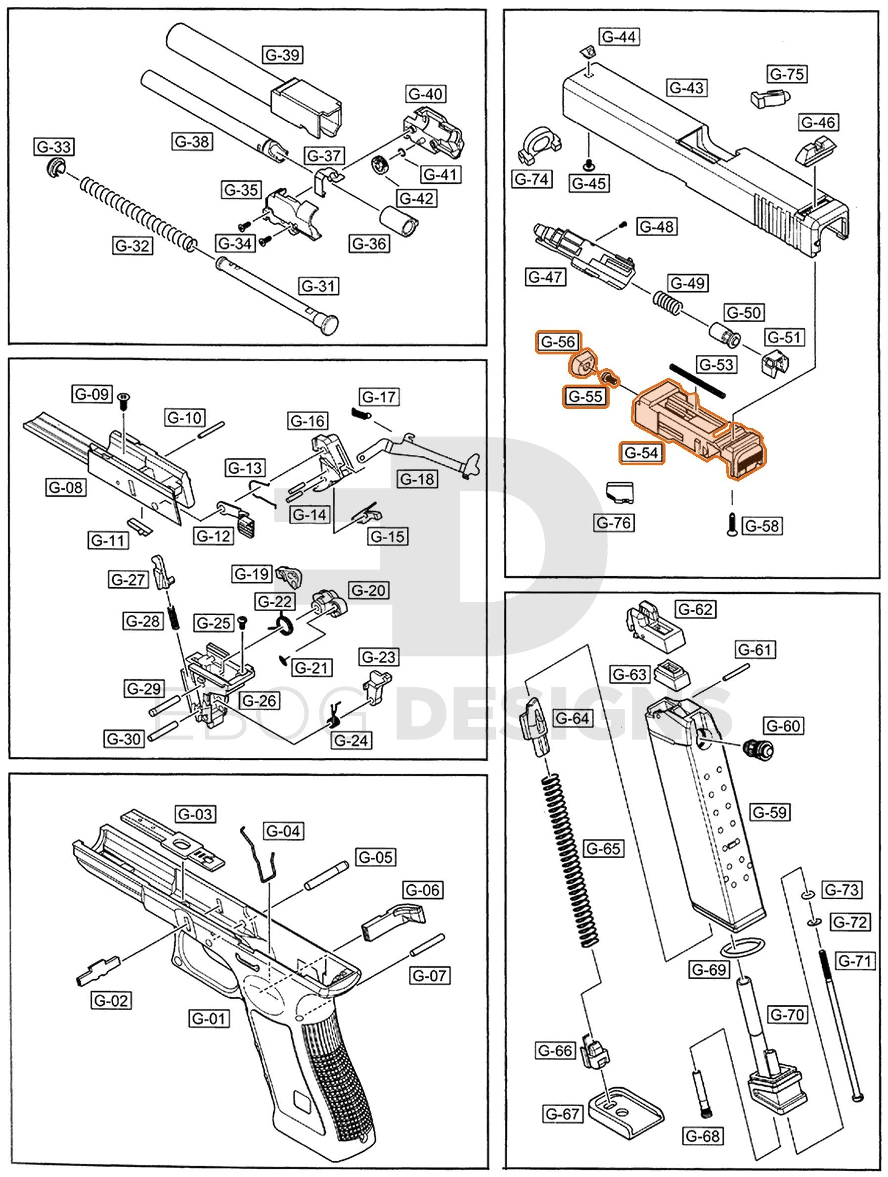Full WE G17 semi-auto parts diagram showing where the BBU assembly (nozzle housing) fits (parts 54, 55 and 56)