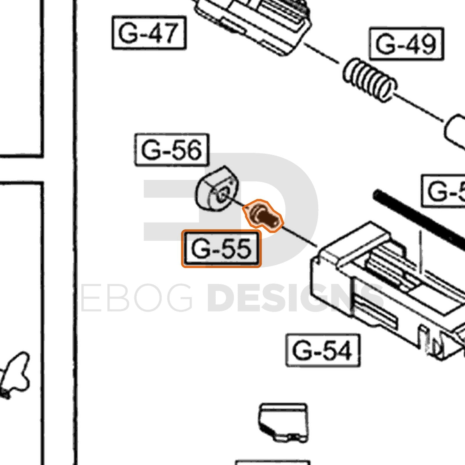 WE G17 semi-auto parts diagram with the piston head screw, part 55, outlined