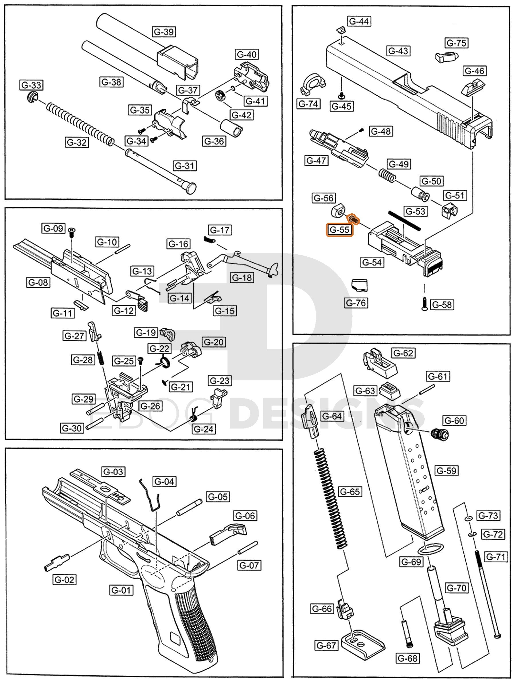 Full WE G17 semi-auto parts diagram showing where the piston head screw (part 55) fits