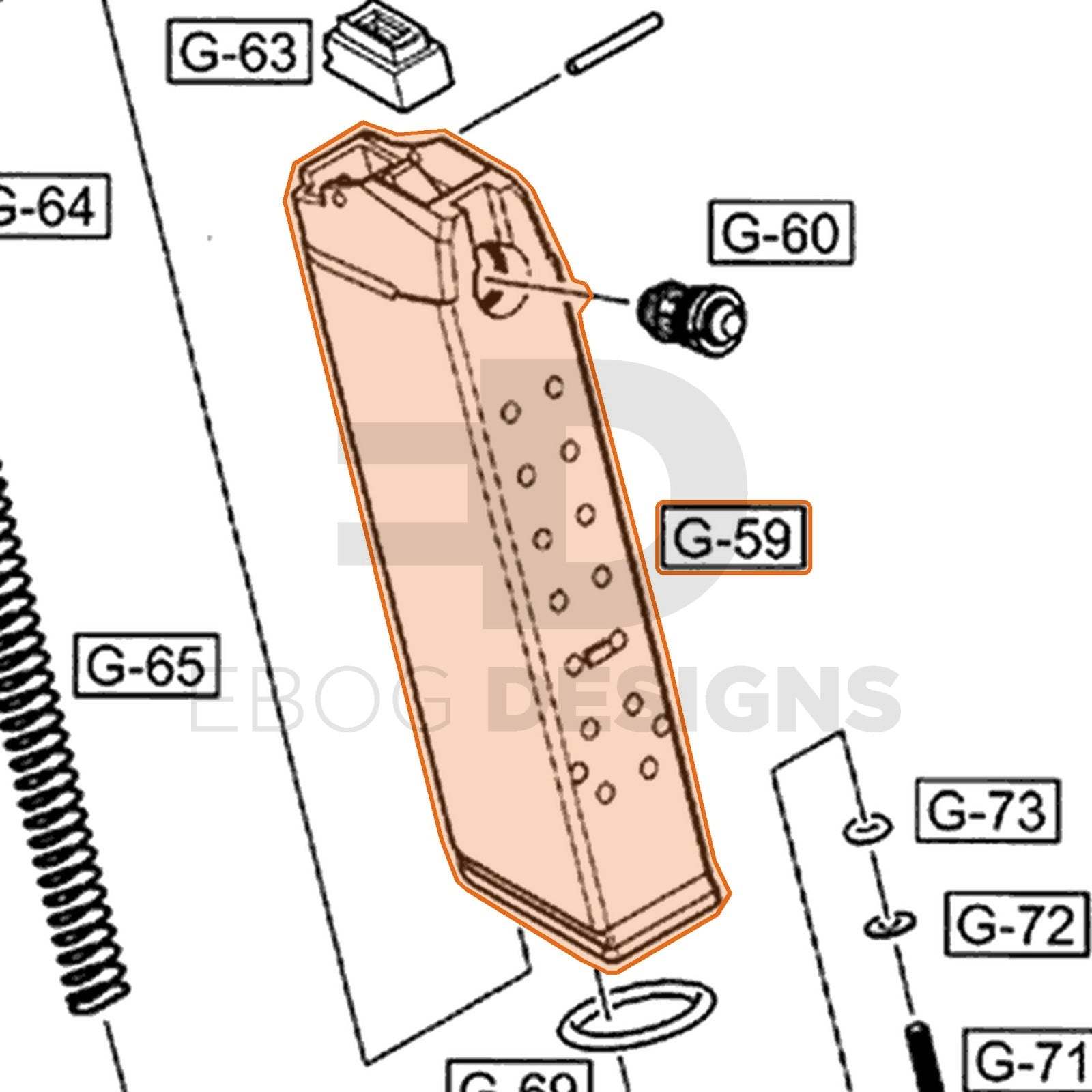 WE G17 semi-auto parts diagram with the magazine shell, part 59, outlined