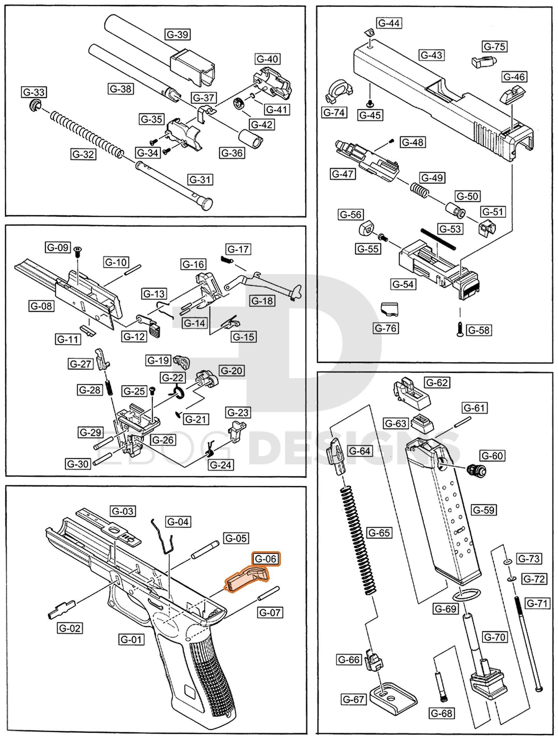 Full WE G17 semi-auto parts diagram showing where the magazine catch Gen4/Gen5, black (part 6) fits