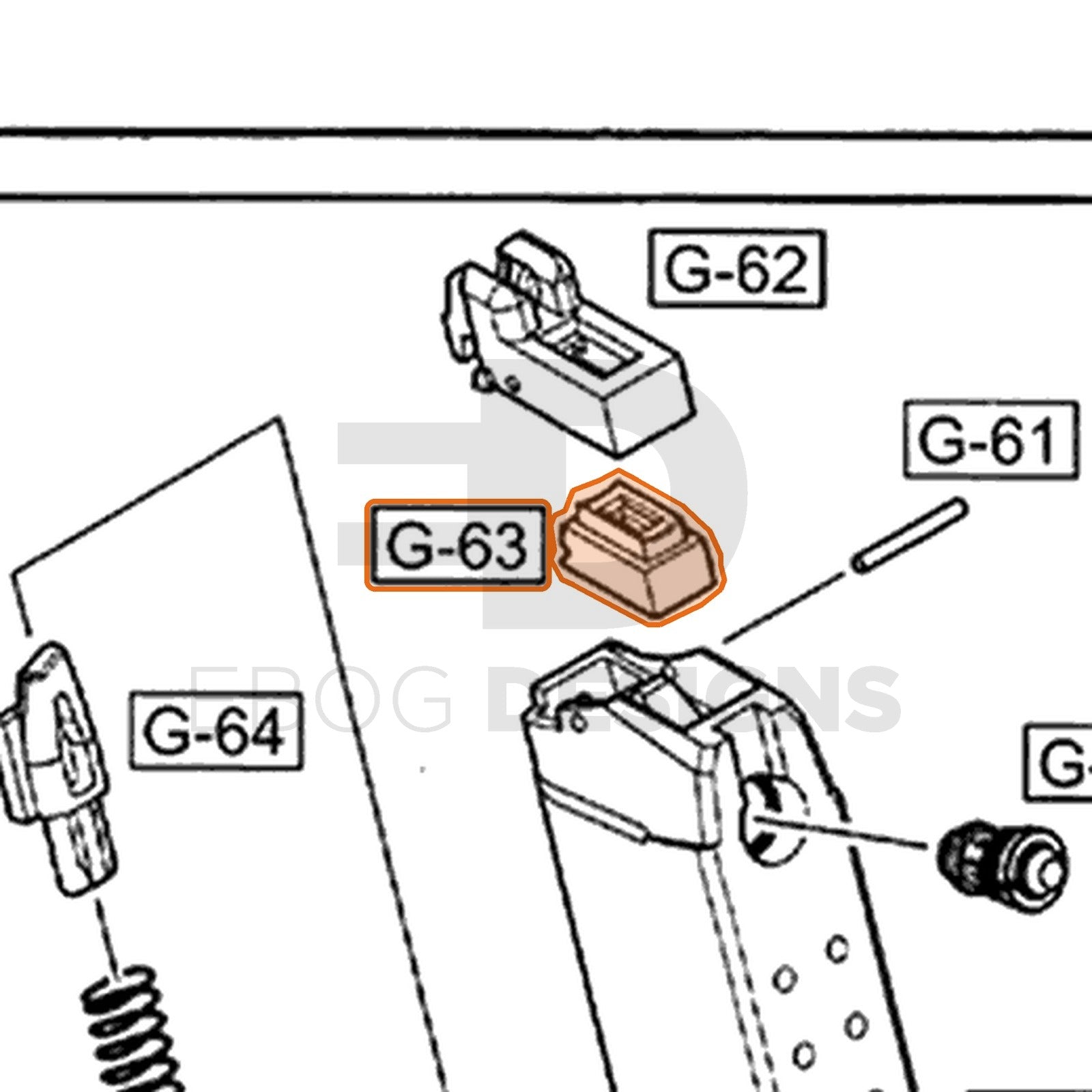 WE G17 semi-auto parts diagram with the magazine gas route, part 63, outlined