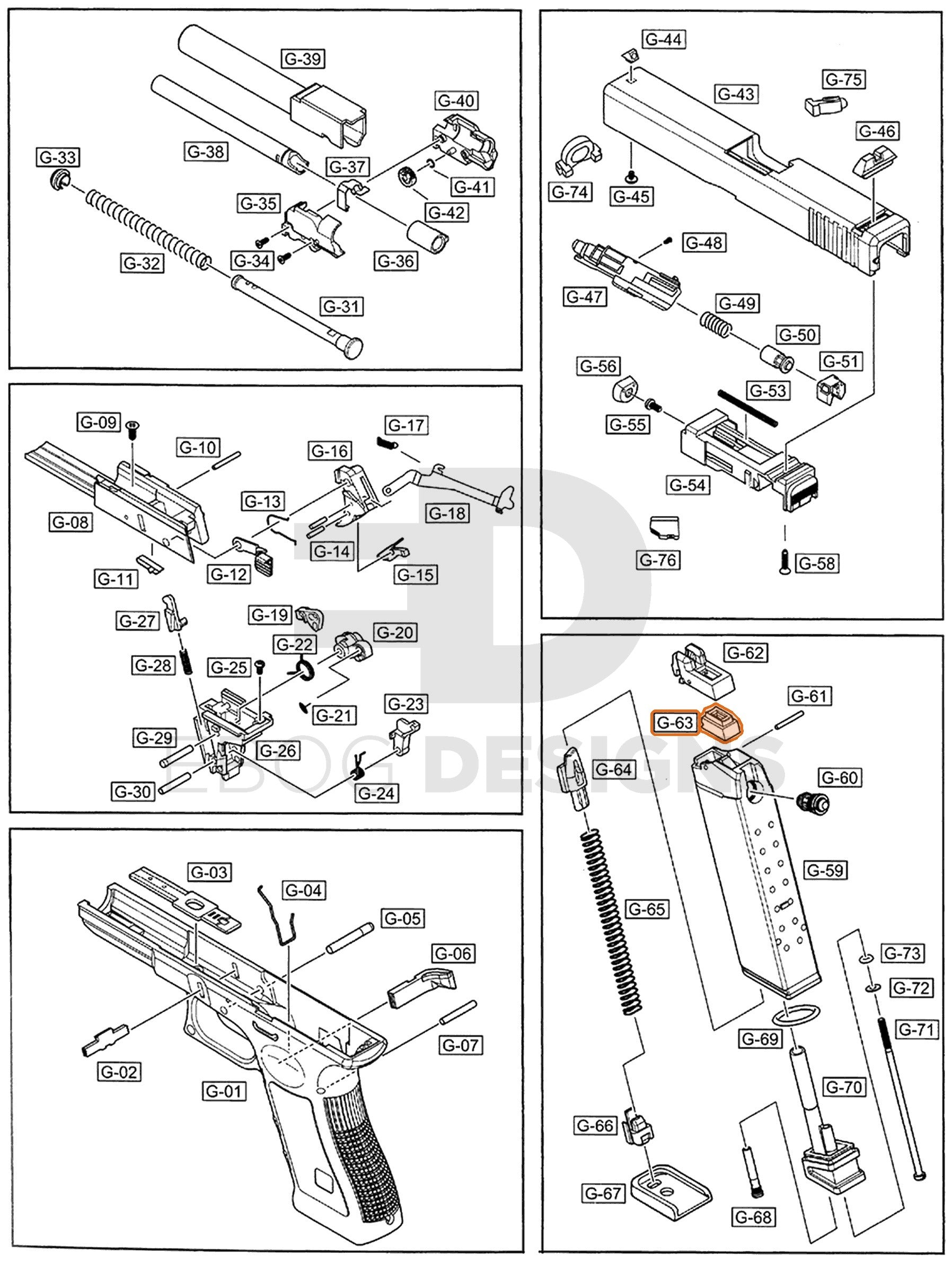 Full WE G17 semi-auto parts diagram showing where the magazine gas route (part 63) fits