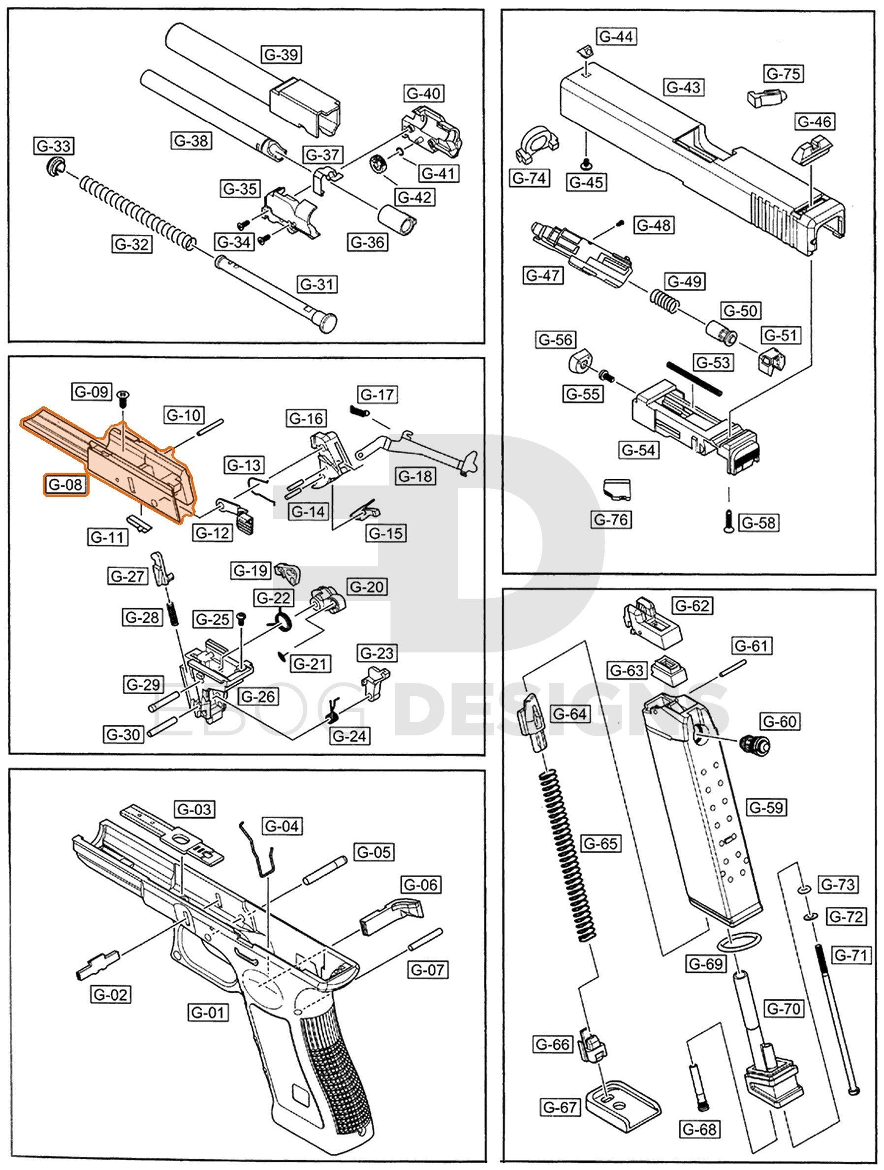 Full WE G17 semi-auto parts diagram showing where the front assembly housing (part 8) fits