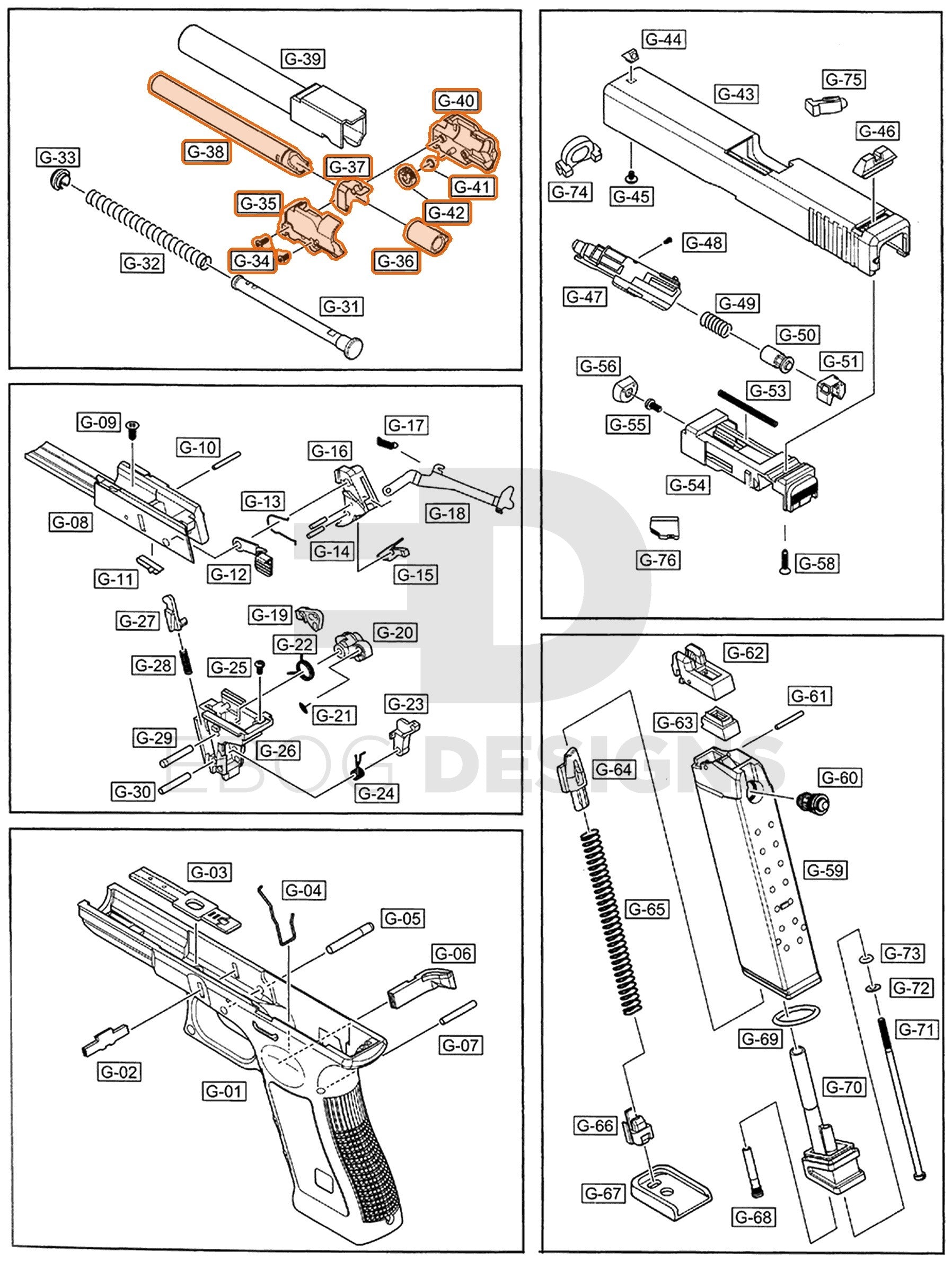 Full WE G17 semi-auto parts diagram showing where the hop-up and barrel set (parts 34, 35, 36, 37, 38, 40, 41 and 42) fits