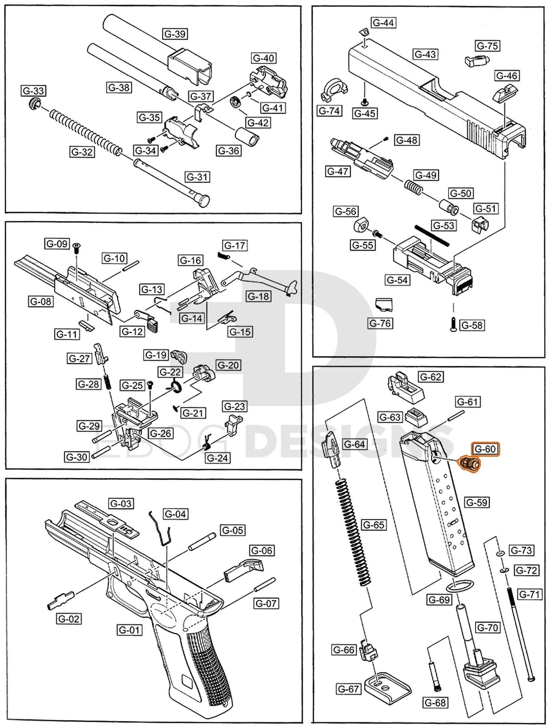 Full WE G17 semi-auto parts diagram showing where the magazine exhaust valve, type B (part 60) fits